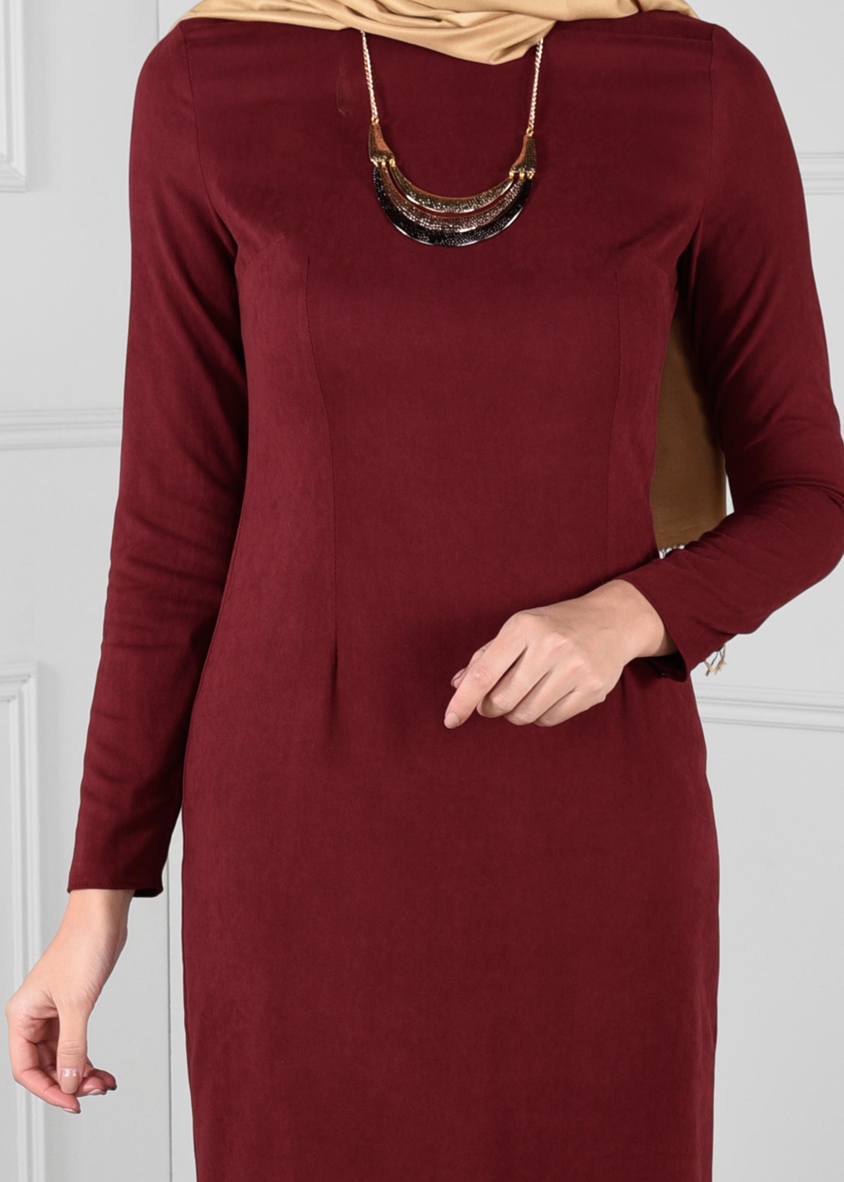 Tesettür giyim BORDO VOLANLI SÜET ELBİSE 4602 