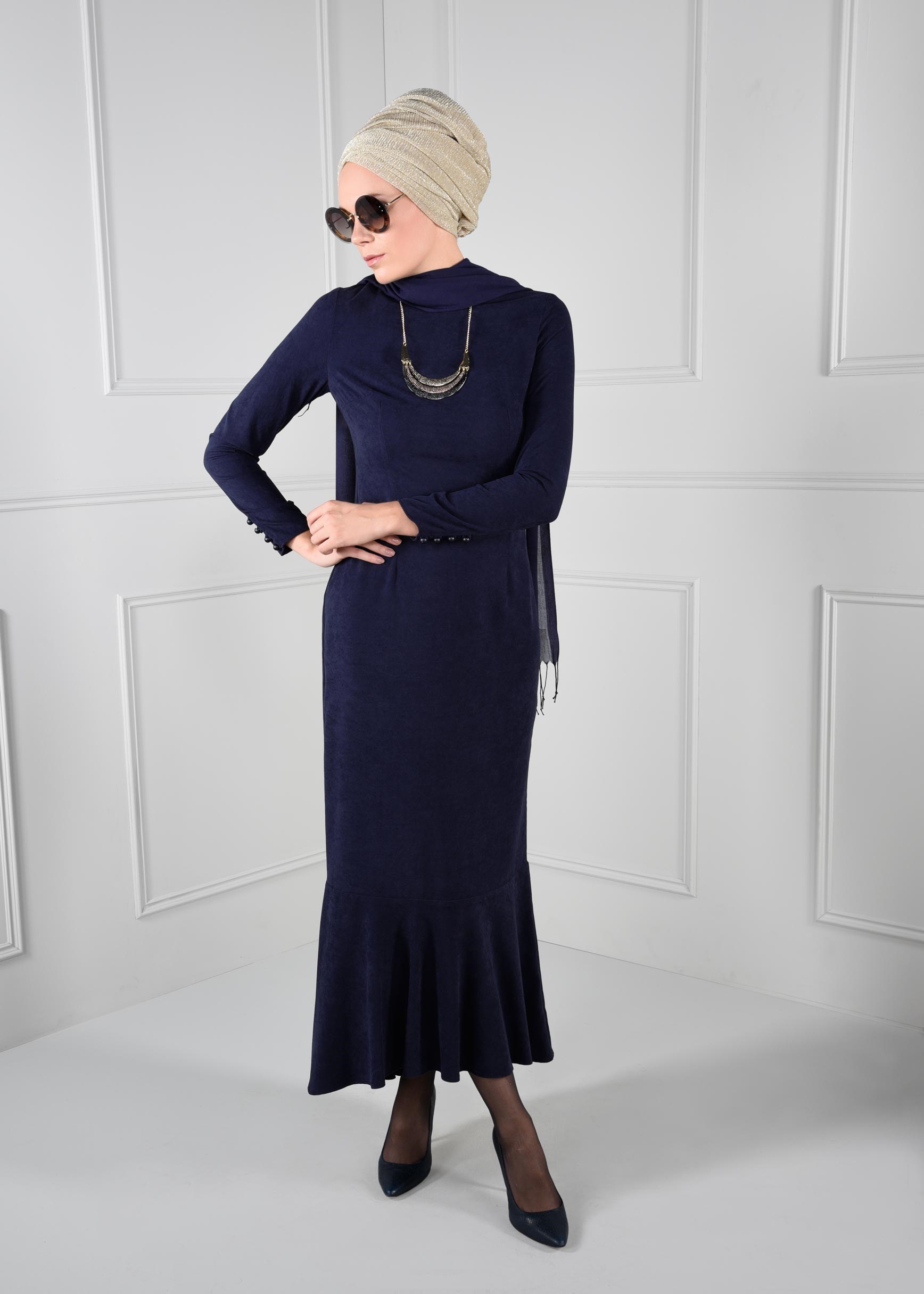 Tesettür giyim LACİVERT VOLANLI SÜET ELBİSE 4602 