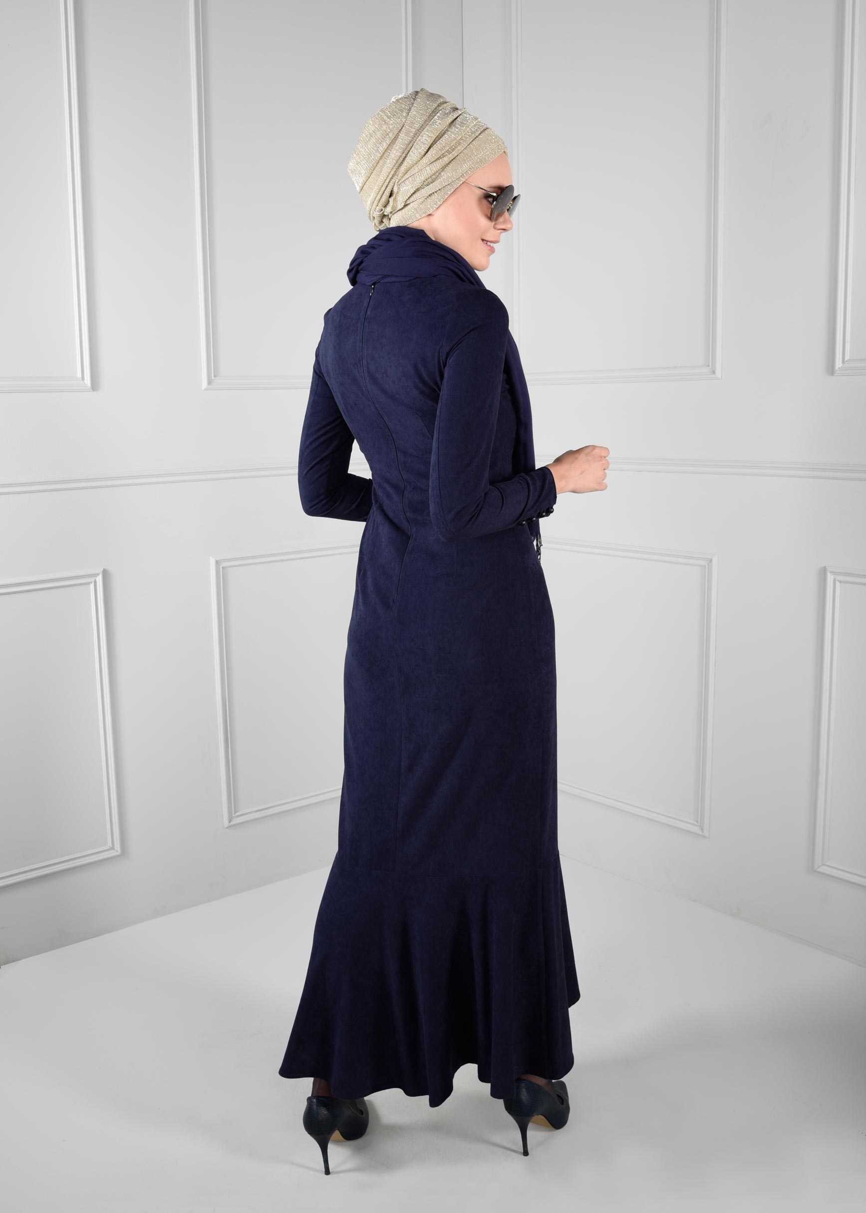 Tesettür giyim LACİVERT VOLANLI SÜET ELBİSE 4602 