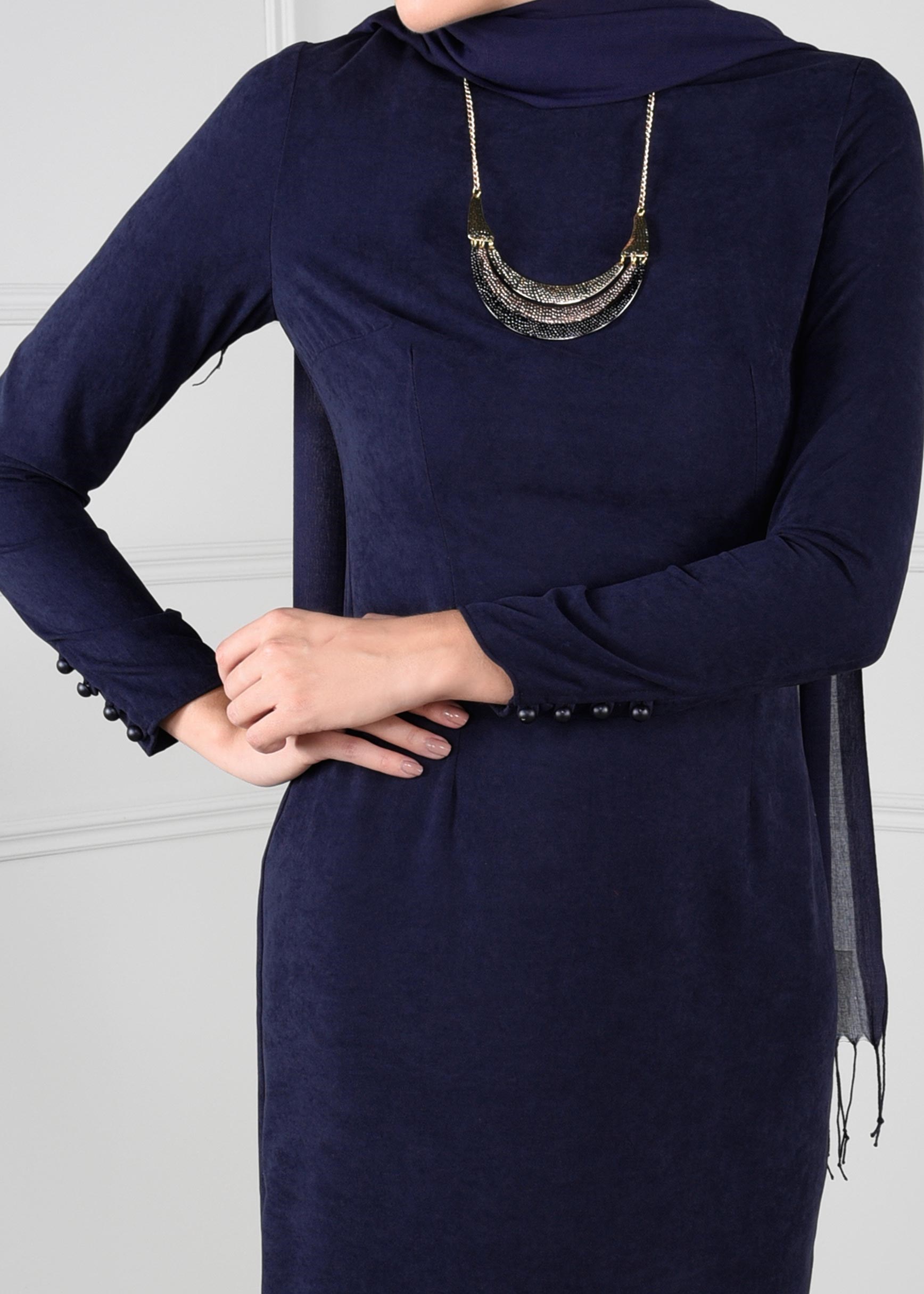 Tesettür giyim LACİVERT VOLANLI SÜET ELBİSE 4602 