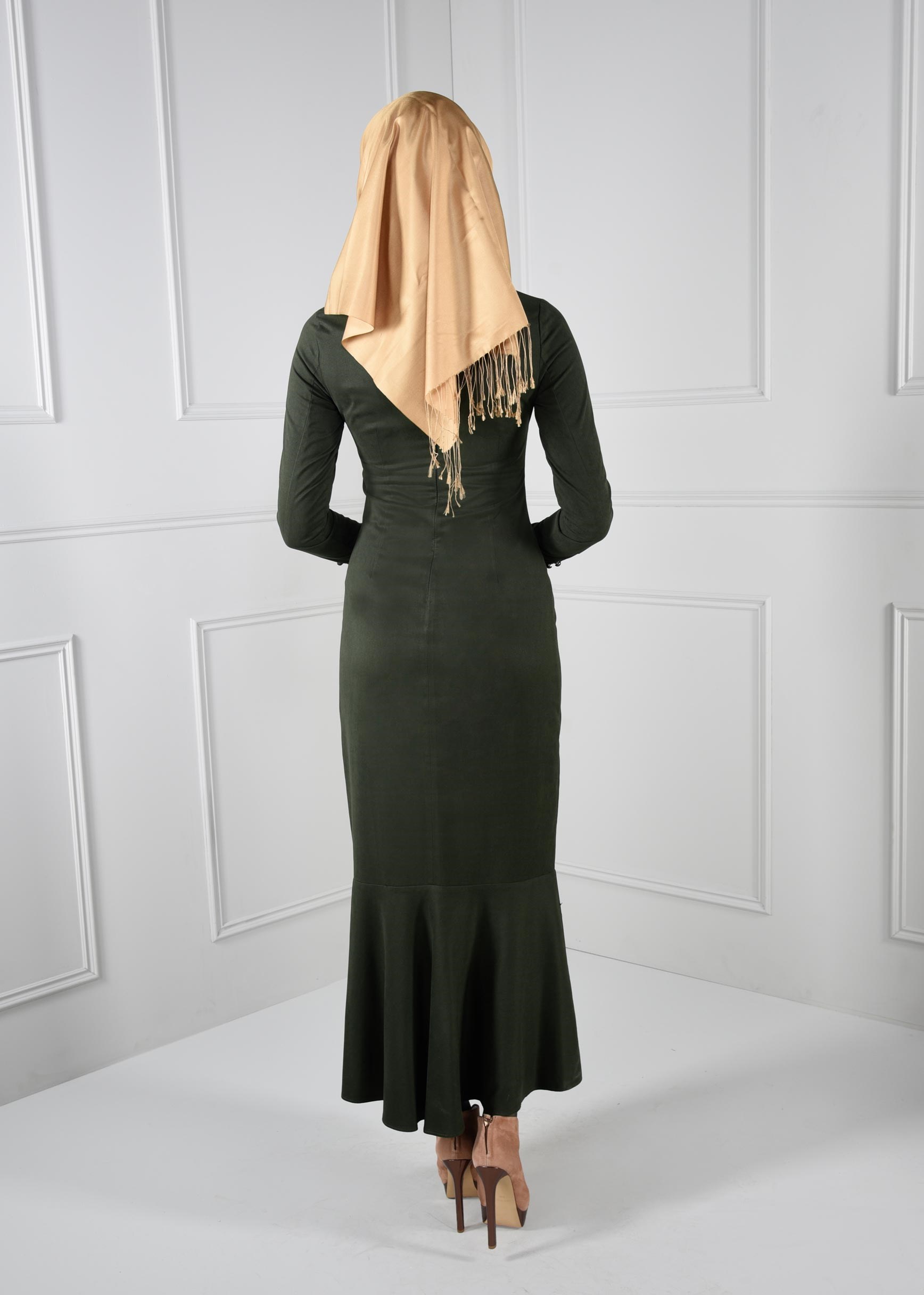 Tesettür giyim HAKİ VOLANLI SÜET ELBİSE 4602 