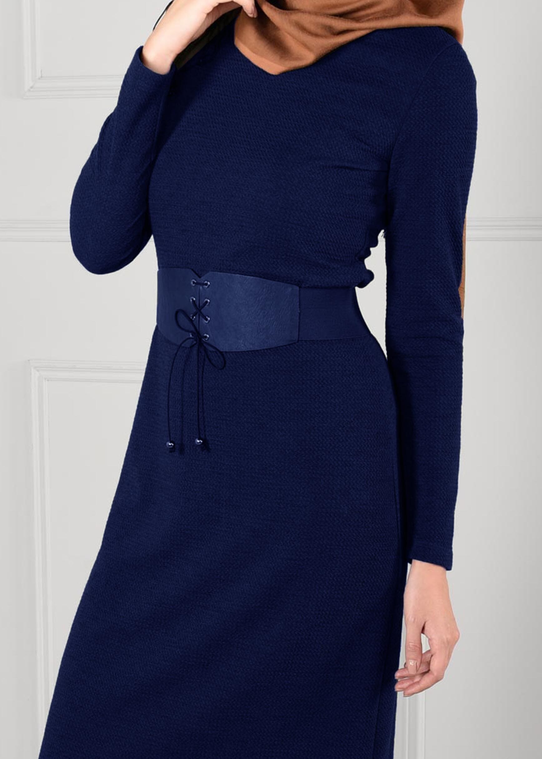 Tesettür giyim LACİVERT DAR KESİM DÜZ ELBİSE 4618