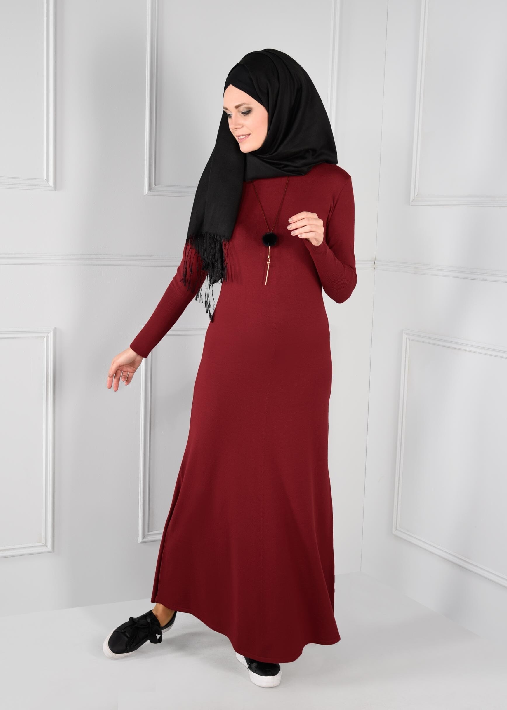 Tesettür giyim KIRMIZI BİSİKLET YAKA TRİKO ELBİSE 4633