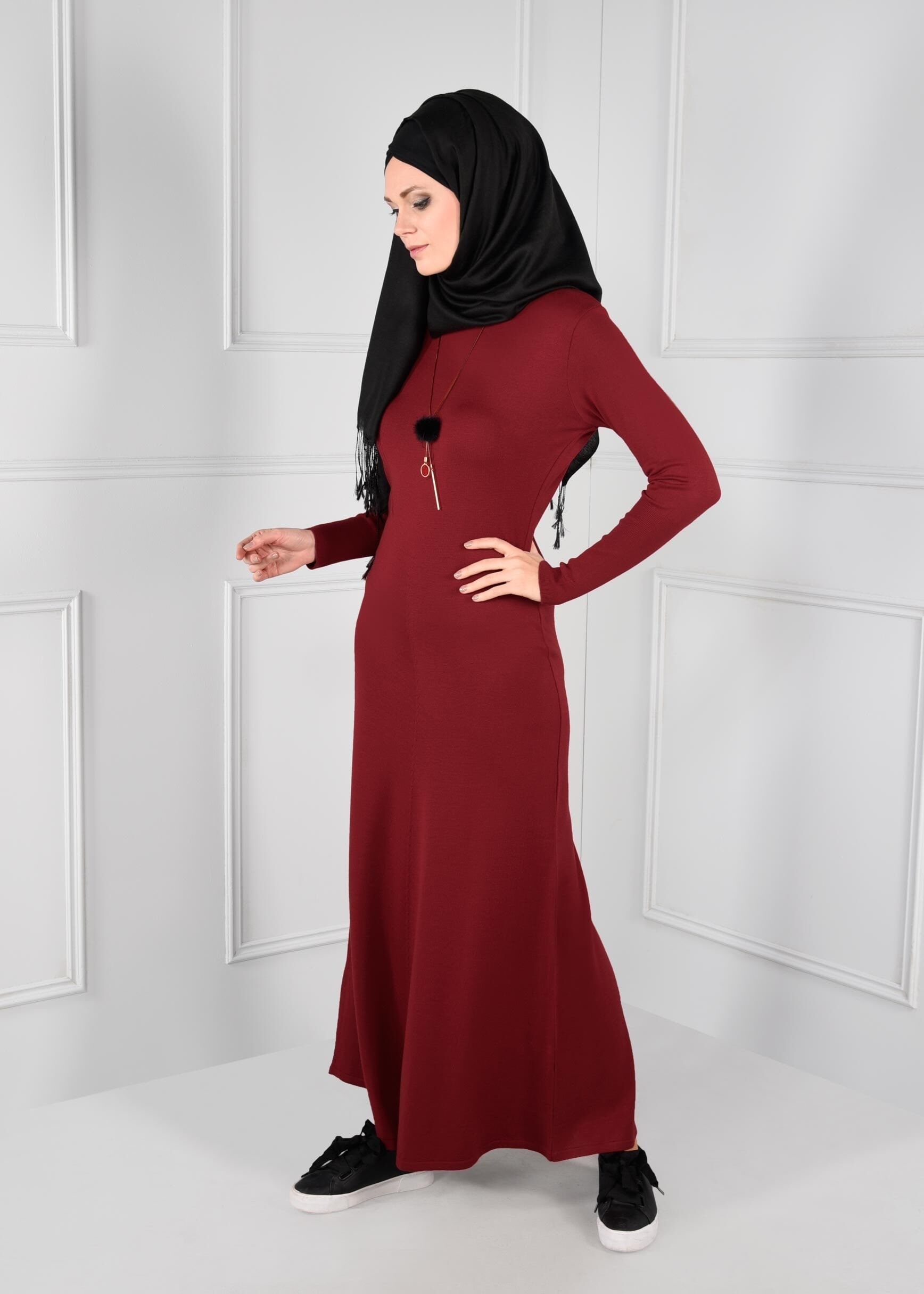 Tesettür giyim KIRMIZI BİSİKLET YAKA TRİKO ELBİSE 4633