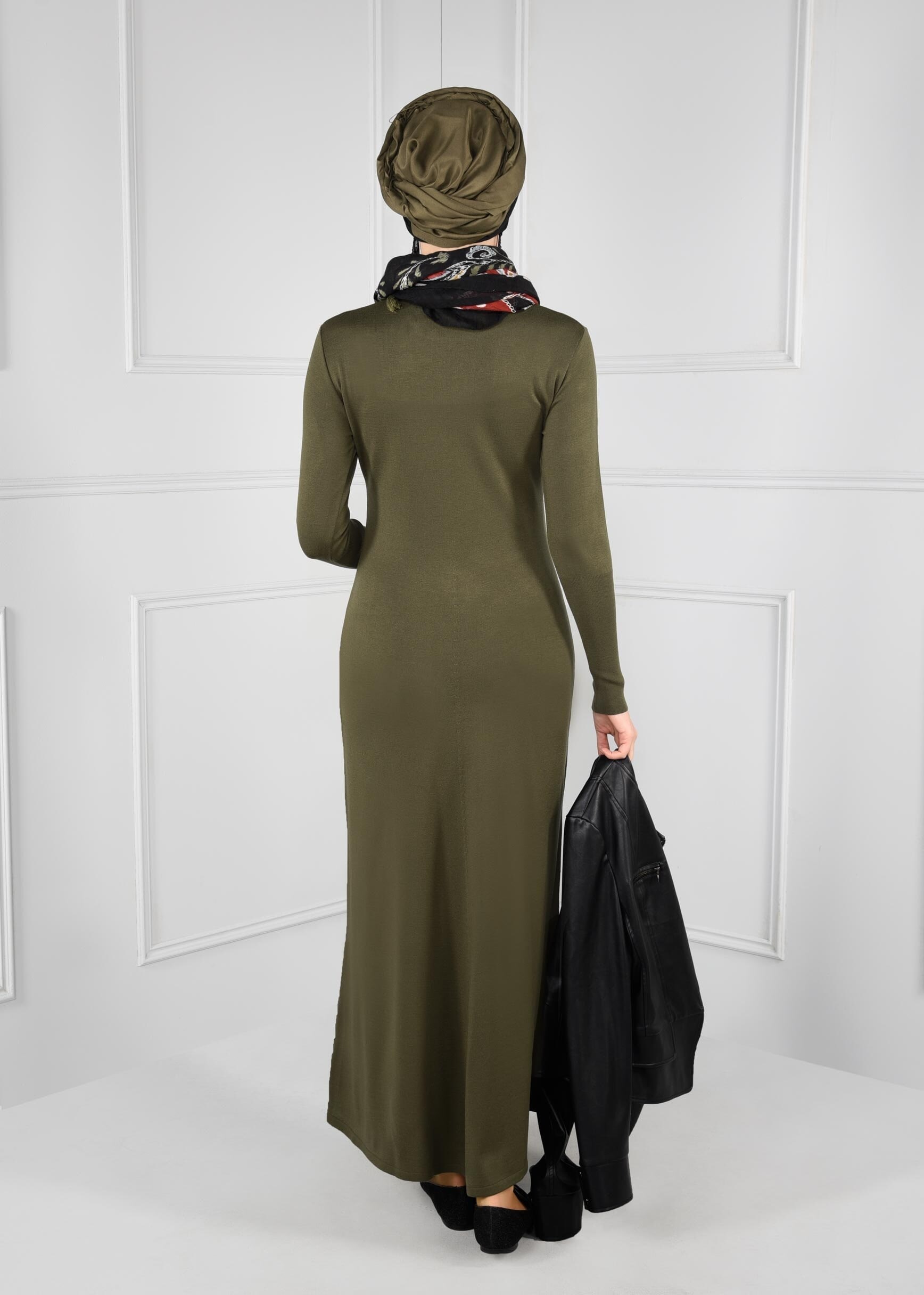 Tesettür giyim HAKİ BİSİKLET YAKA TRİKO ELBİSE 4633