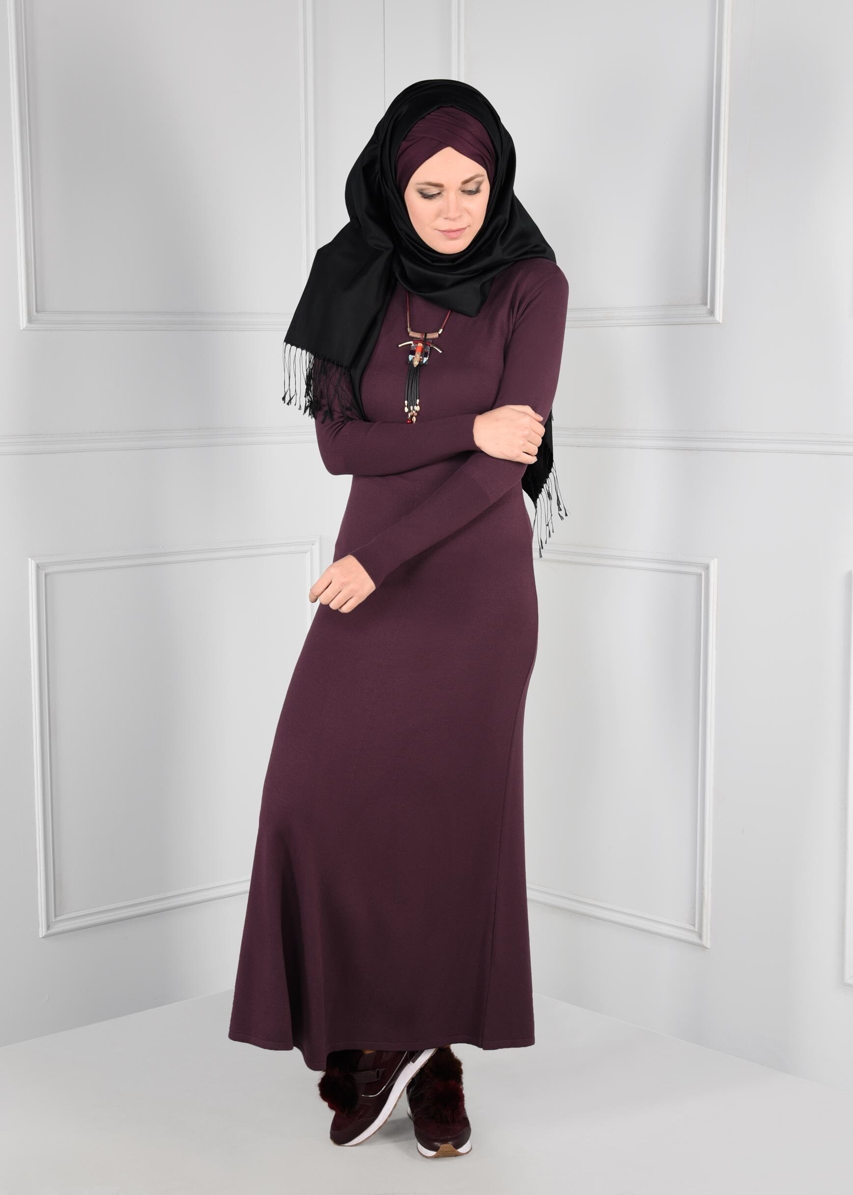 Tesettür giyim MÜRDÜM BİSİKLET YAKA TRİKO ELBİSE 4633