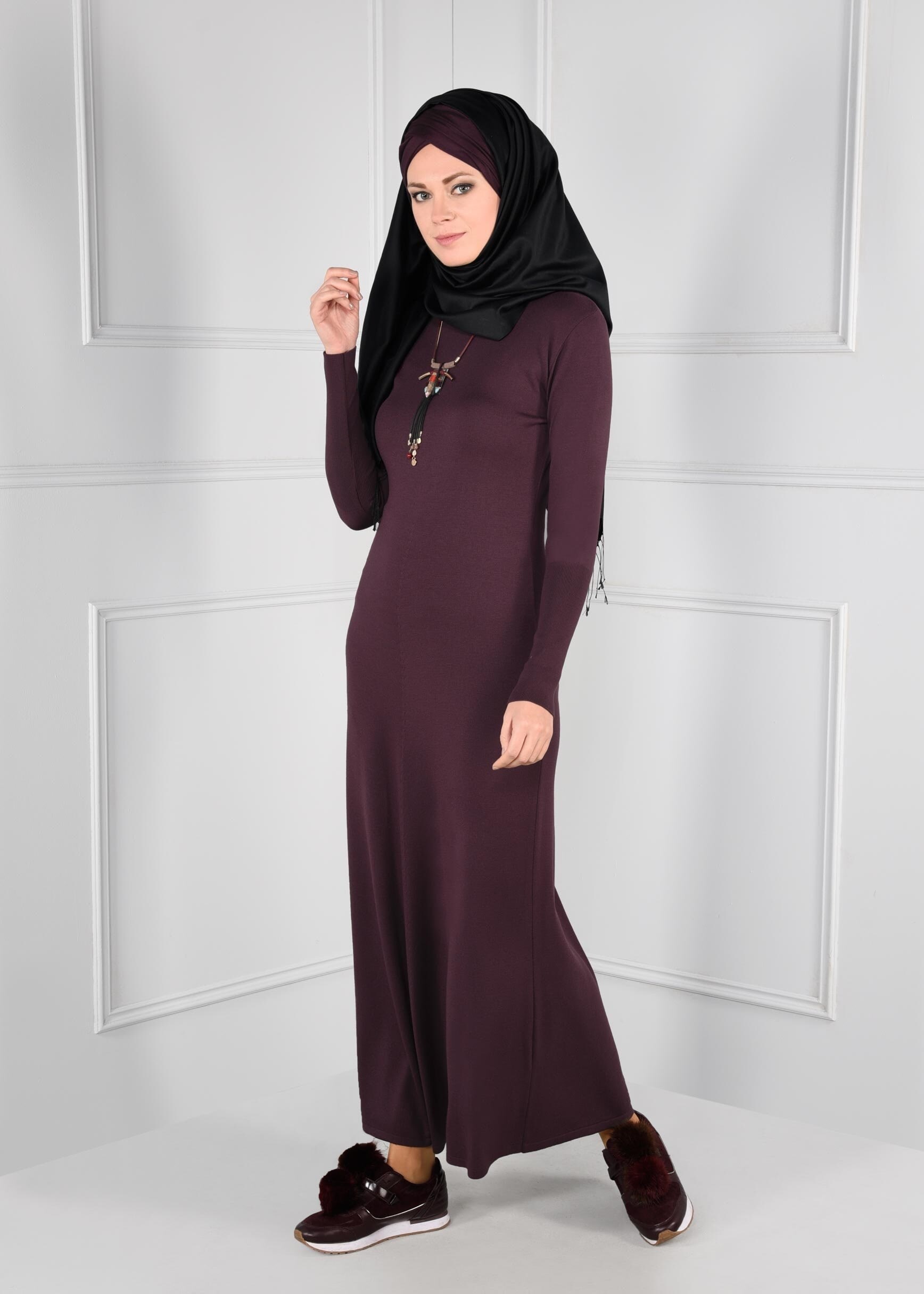 Tesettür giyim MÜRDÜM BİSİKLET YAKA TRİKO ELBİSE 4633