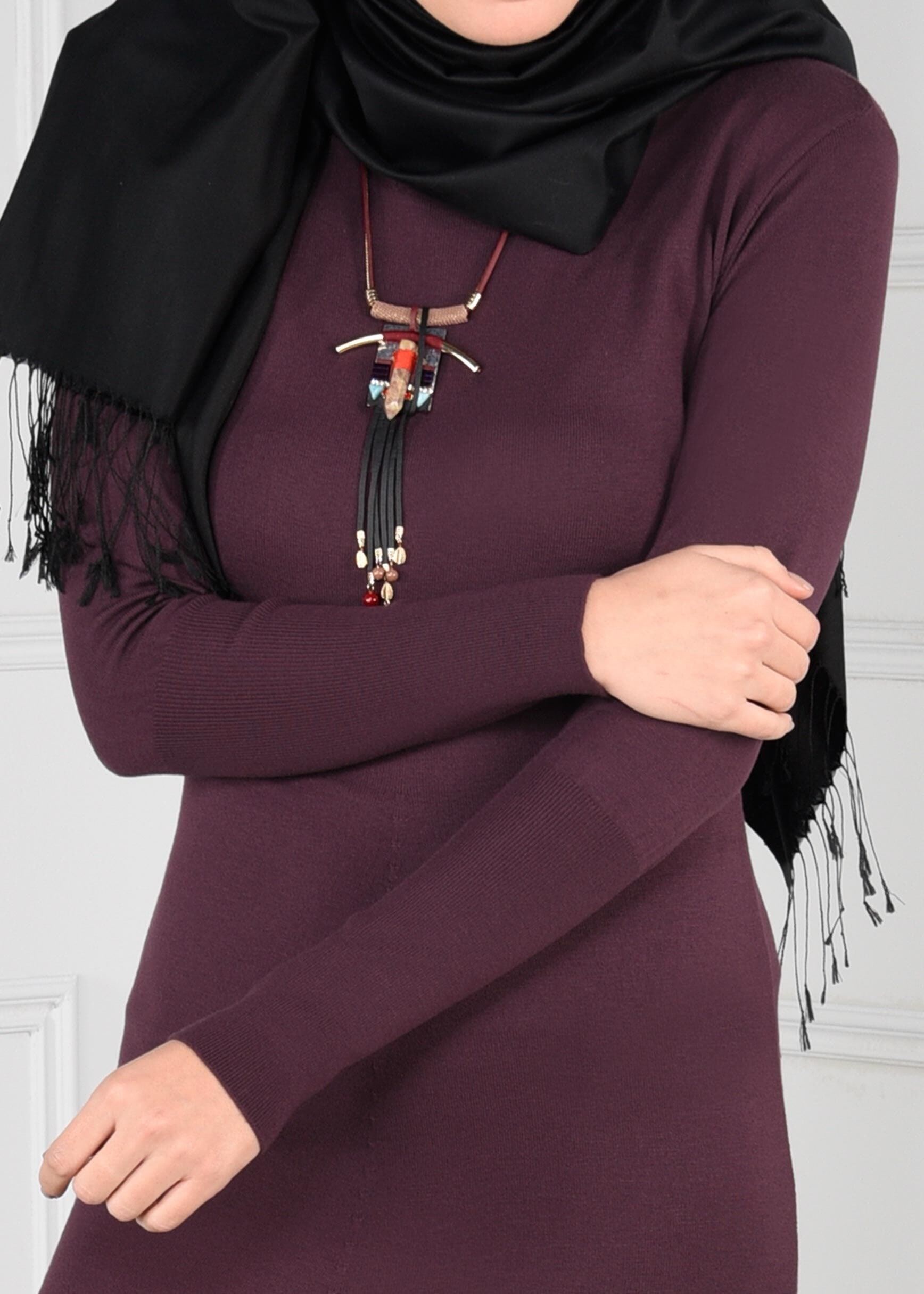 Tesettür giyim MÜRDÜM BİSİKLET YAKA TRİKO ELBİSE 4633