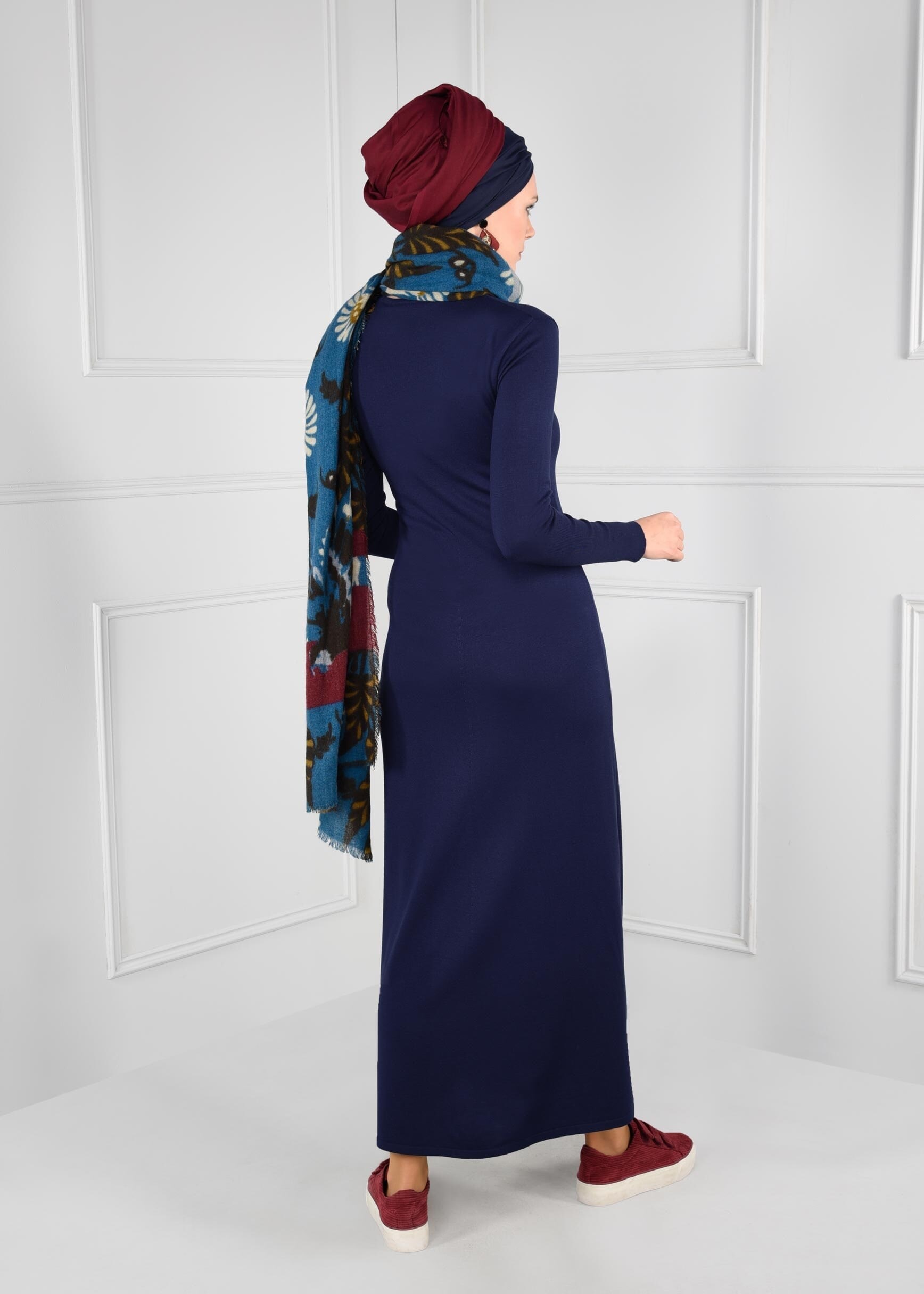 Tesettür giyim LACİVERT BİSİKLET YAKA TRİKO ELBİSE 4633