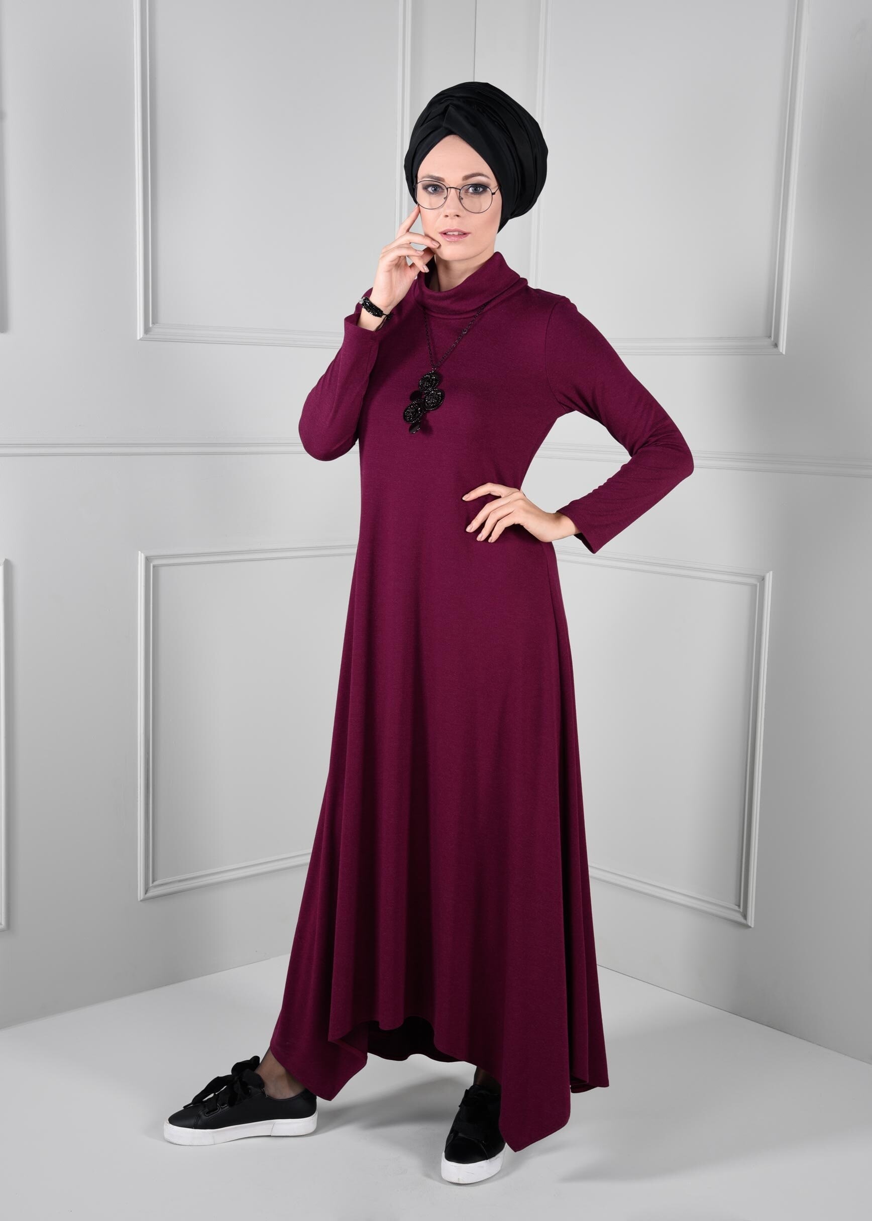 Tesettür giyim MOR ŞAL YAKA KLOŞ KESİM DÜZ ELBİSE 4650