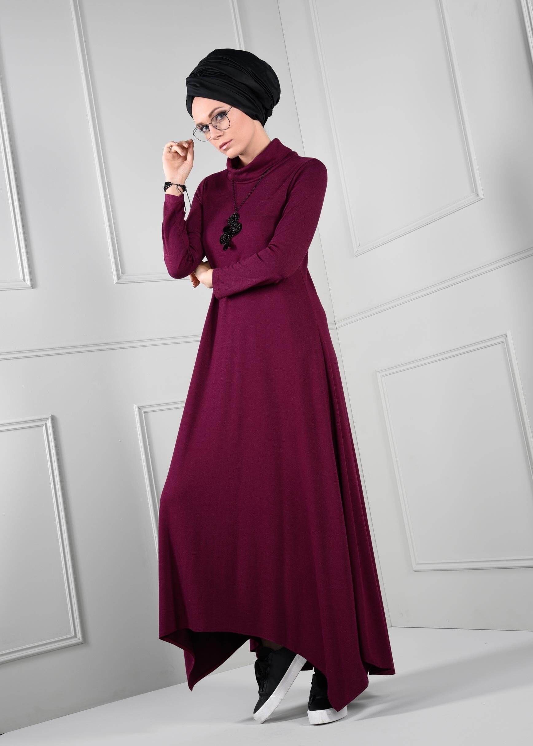 Tesettür giyim MOR ŞAL YAKA KLOŞ KESİM DÜZ ELBİSE 4650