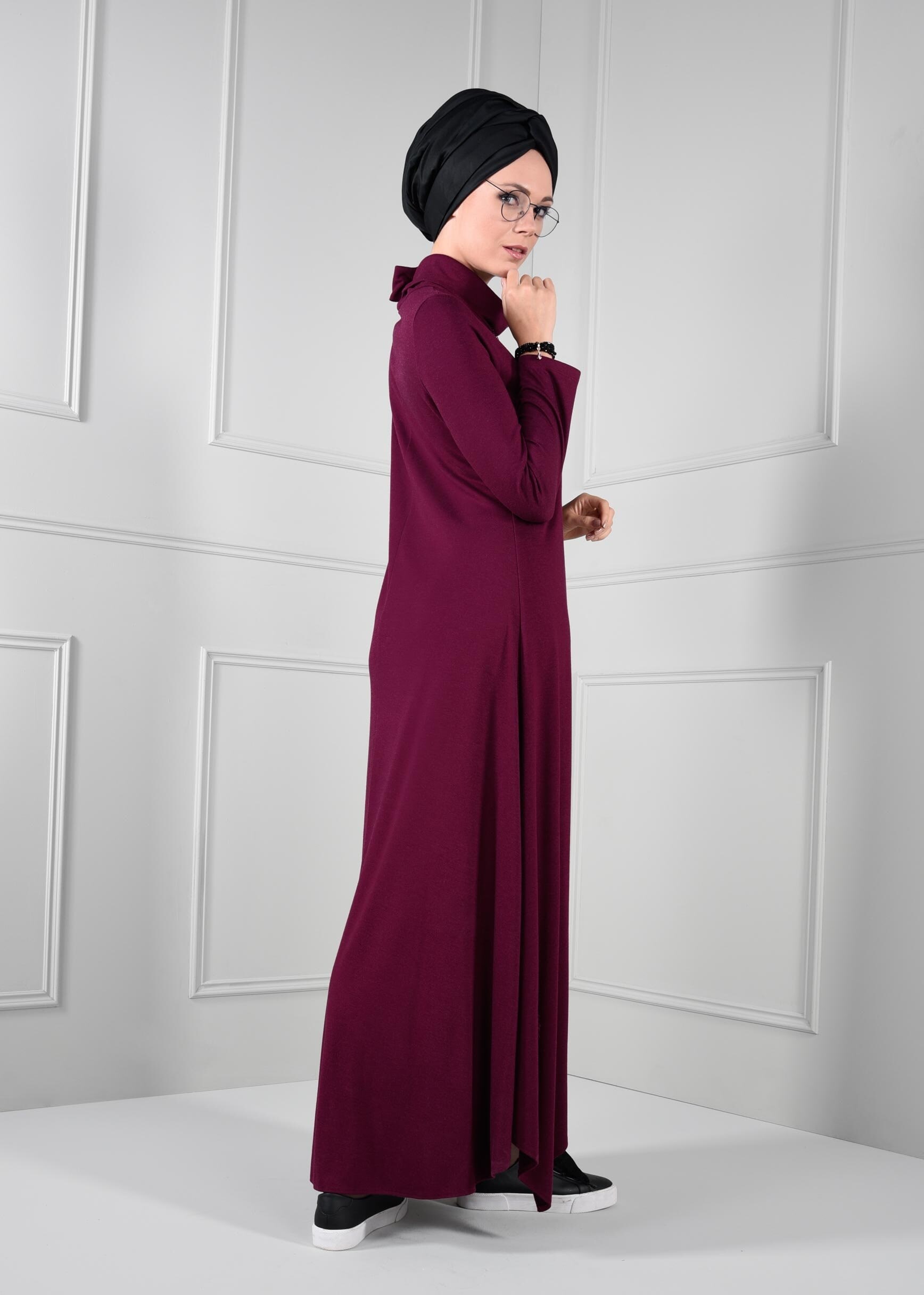 Tesettür giyim MOR ŞAL YAKA KLOŞ KESİM DÜZ ELBİSE 4650