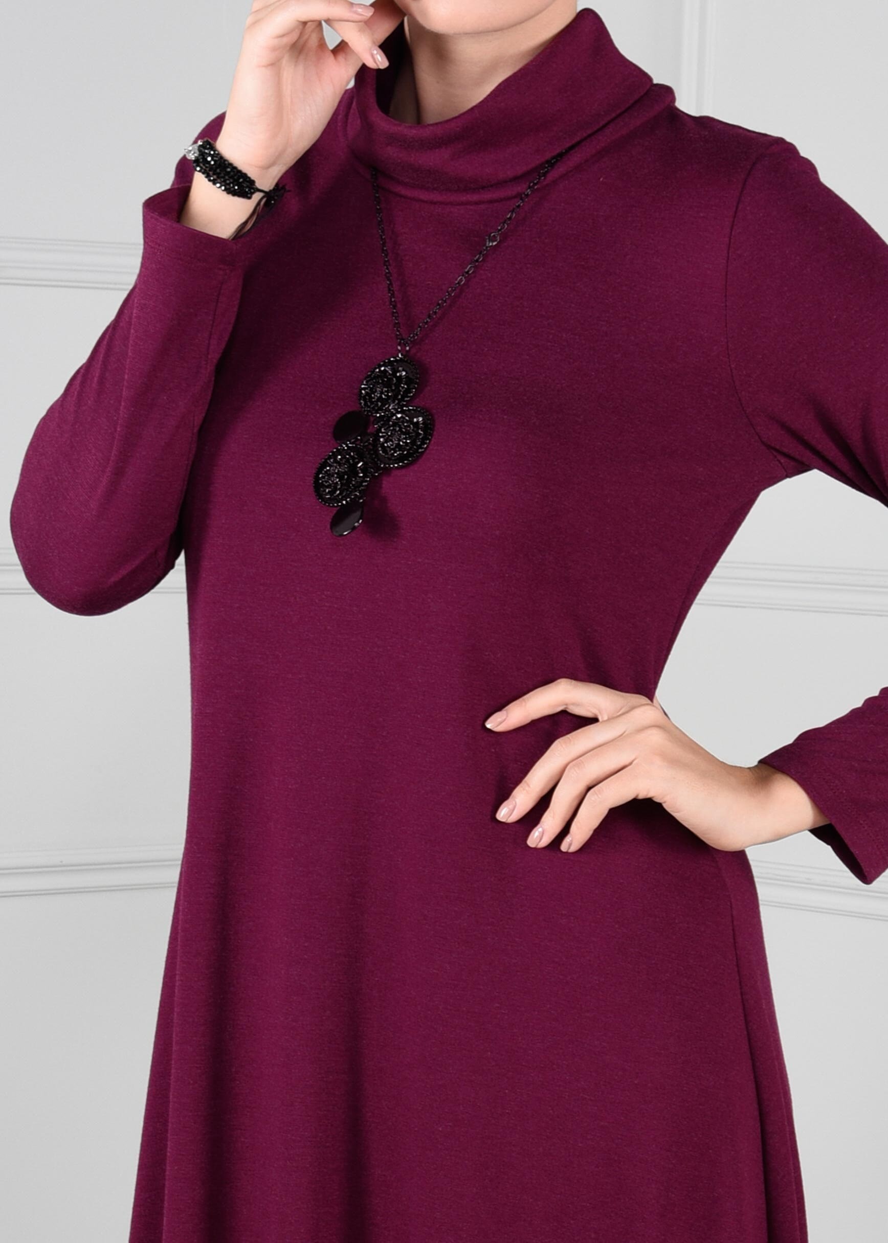 Tesettür giyim MOR ŞAL YAKA KLOŞ KESİM DÜZ ELBİSE 4650