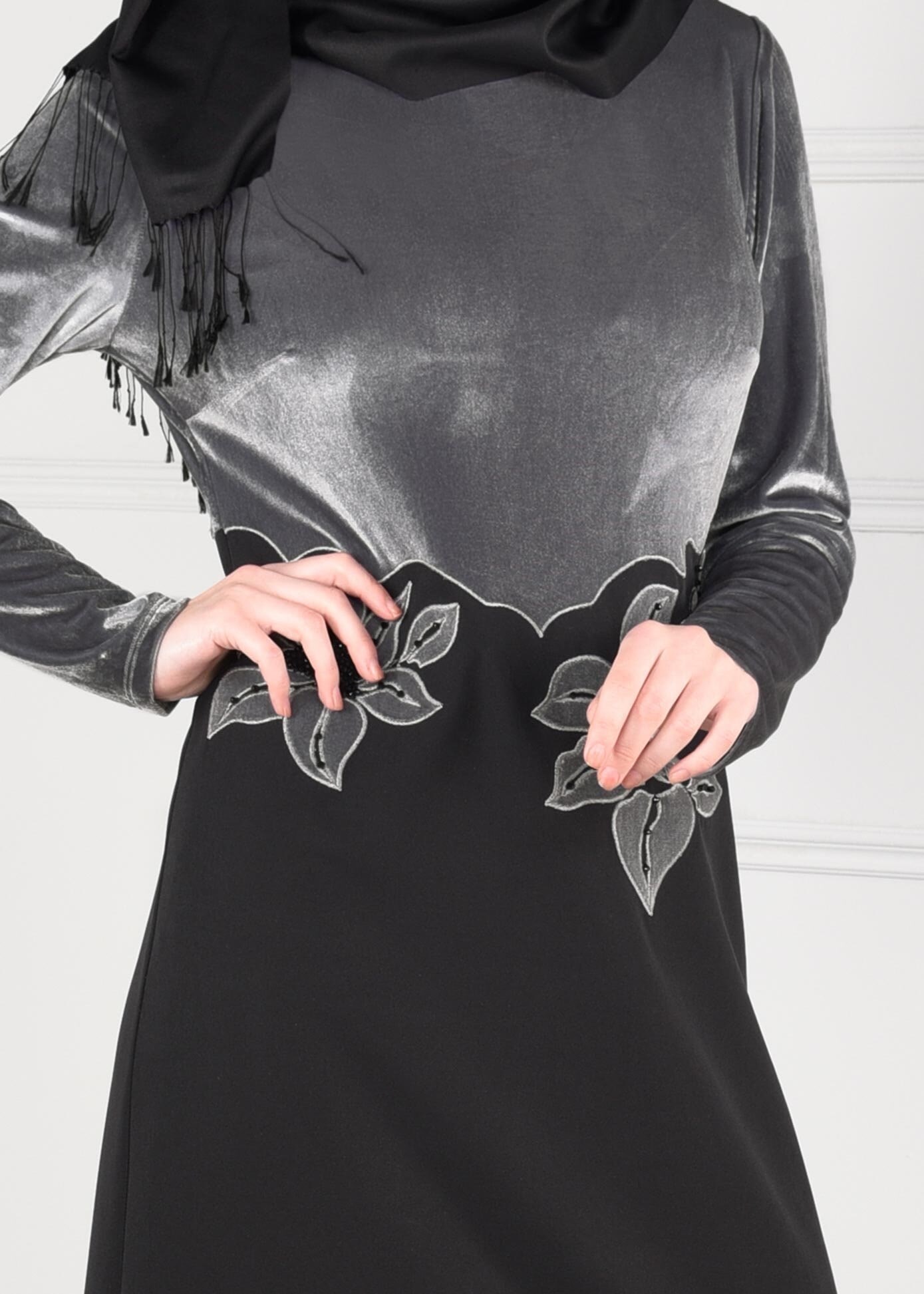 Tesettür giyim GÜMÜŞ ÇİFT RENK ÇİÇEK NAKIŞLI ELBİSE 4667