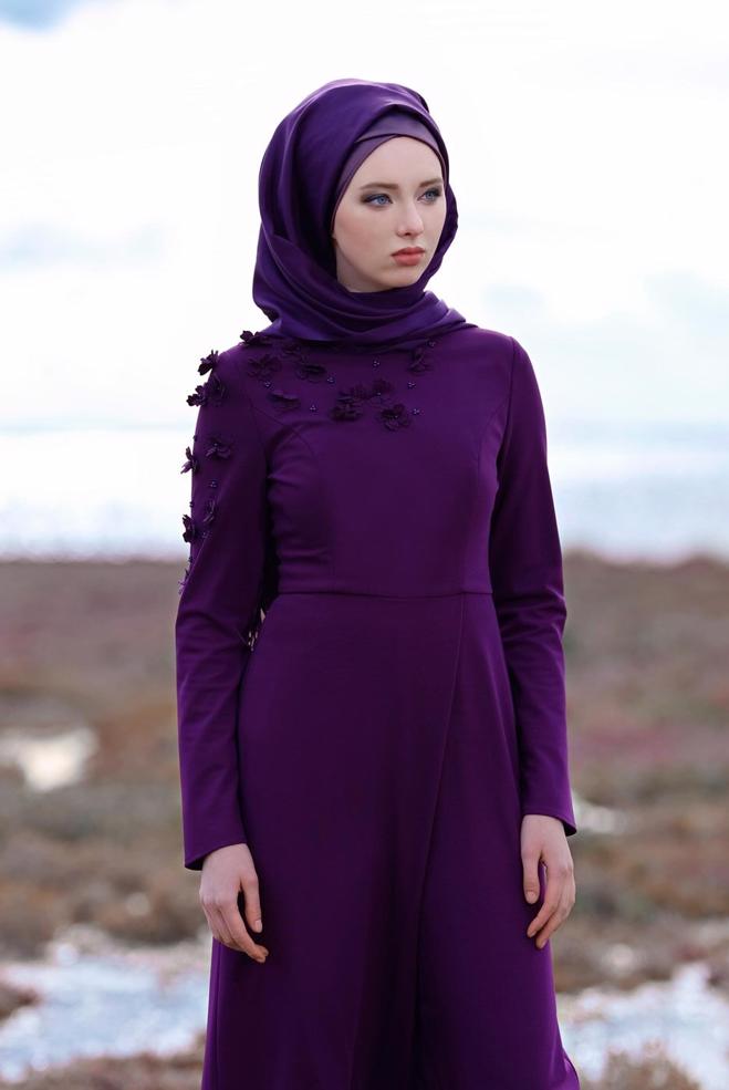 Hijab clothing PURPLE DIMENSIONAL FLOWER JUMPSUIT 4677  - ALVİNA