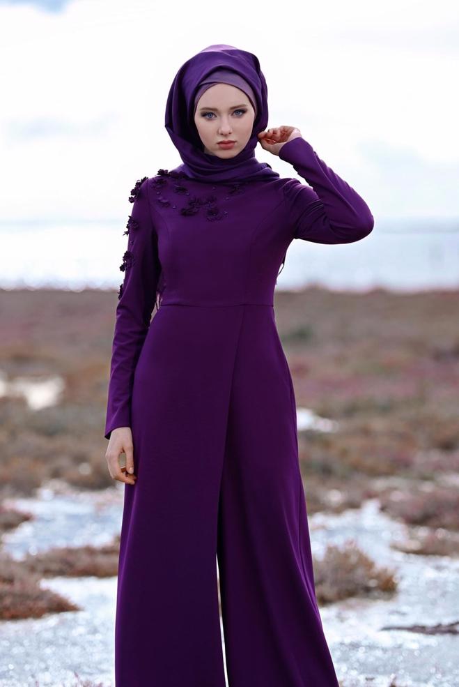 Hijab clothing PURPLE DIMENSIONAL FLOWER JUMPSUIT 4677  - ALVİNA