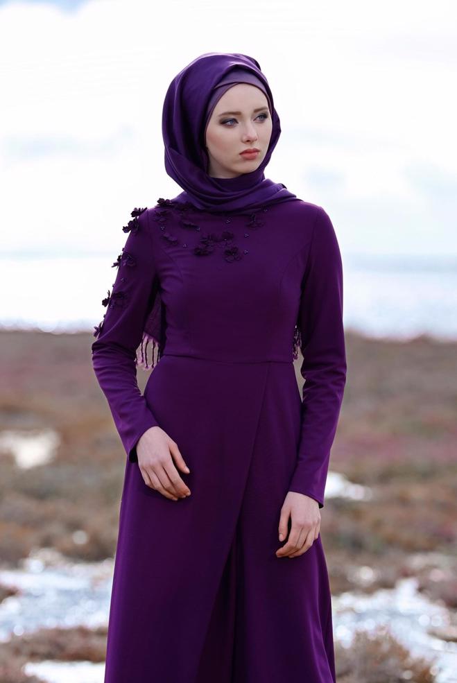 Hijab clothing PURPLE DIMENSIONAL FLOWER JUMPSUIT 4677  - ALVİNA