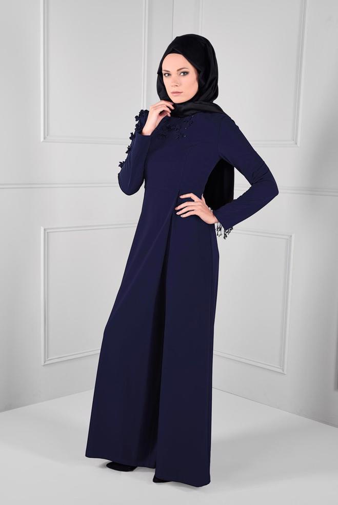 Hijab clothing NAVY BLUE DIMENSIONAL FLOWER JUMPSUIT 4677  - ALVİNA