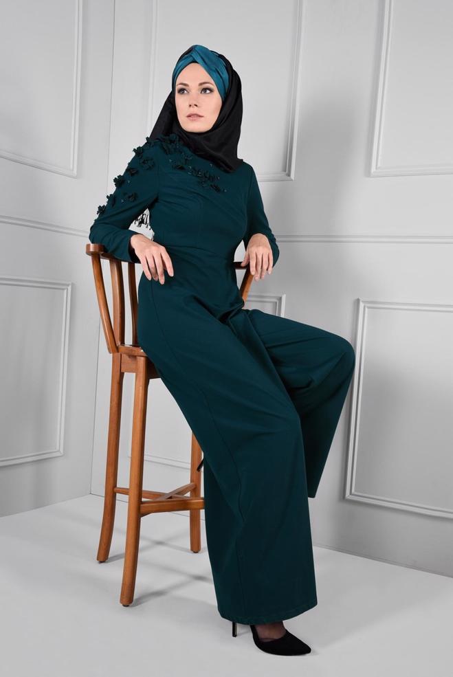 Hijab clothing BLUE DIMENSIONAL FLOWER JUMPSUIT 4677  - ALVİNA