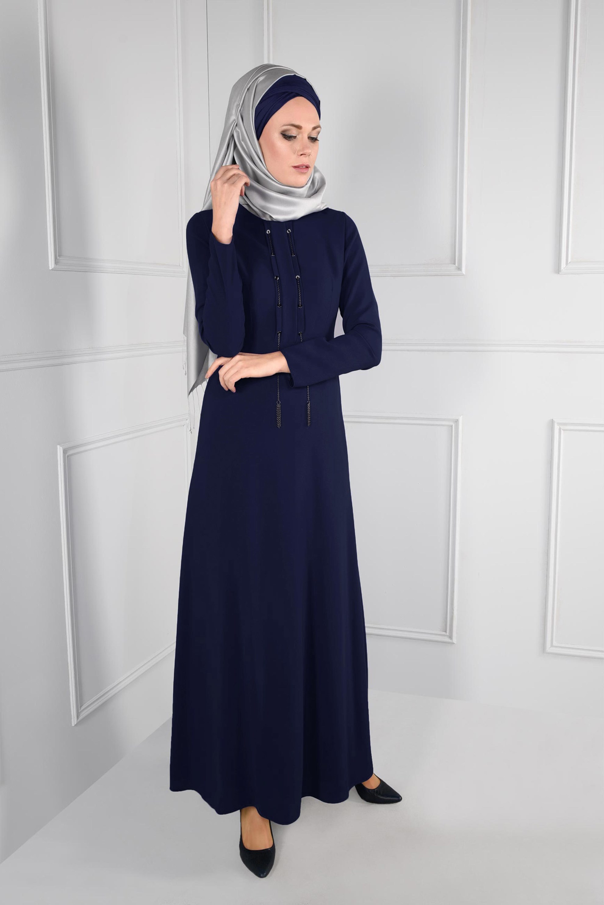 Tesettür giyim LACİVERT ZİNCİR DETAYLI ELBİSE 4702