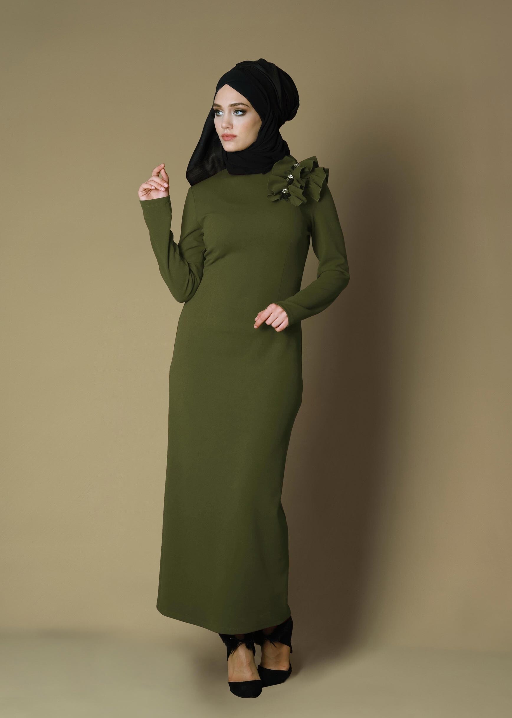 Tesettür giyim HAKİ OMUZ DETAYLI ELBİSE 4713