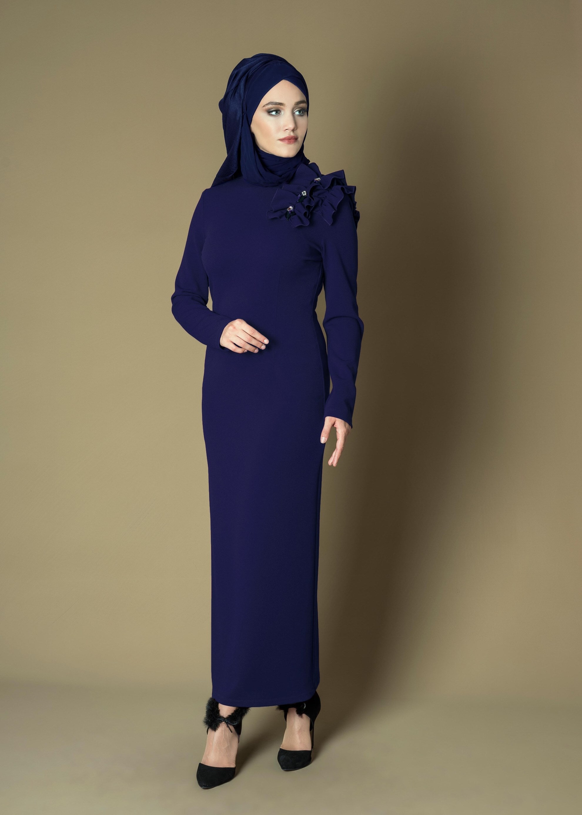 Tesettür giyim LACİVERT OMUZ DETAYLI ELBİSE 4713