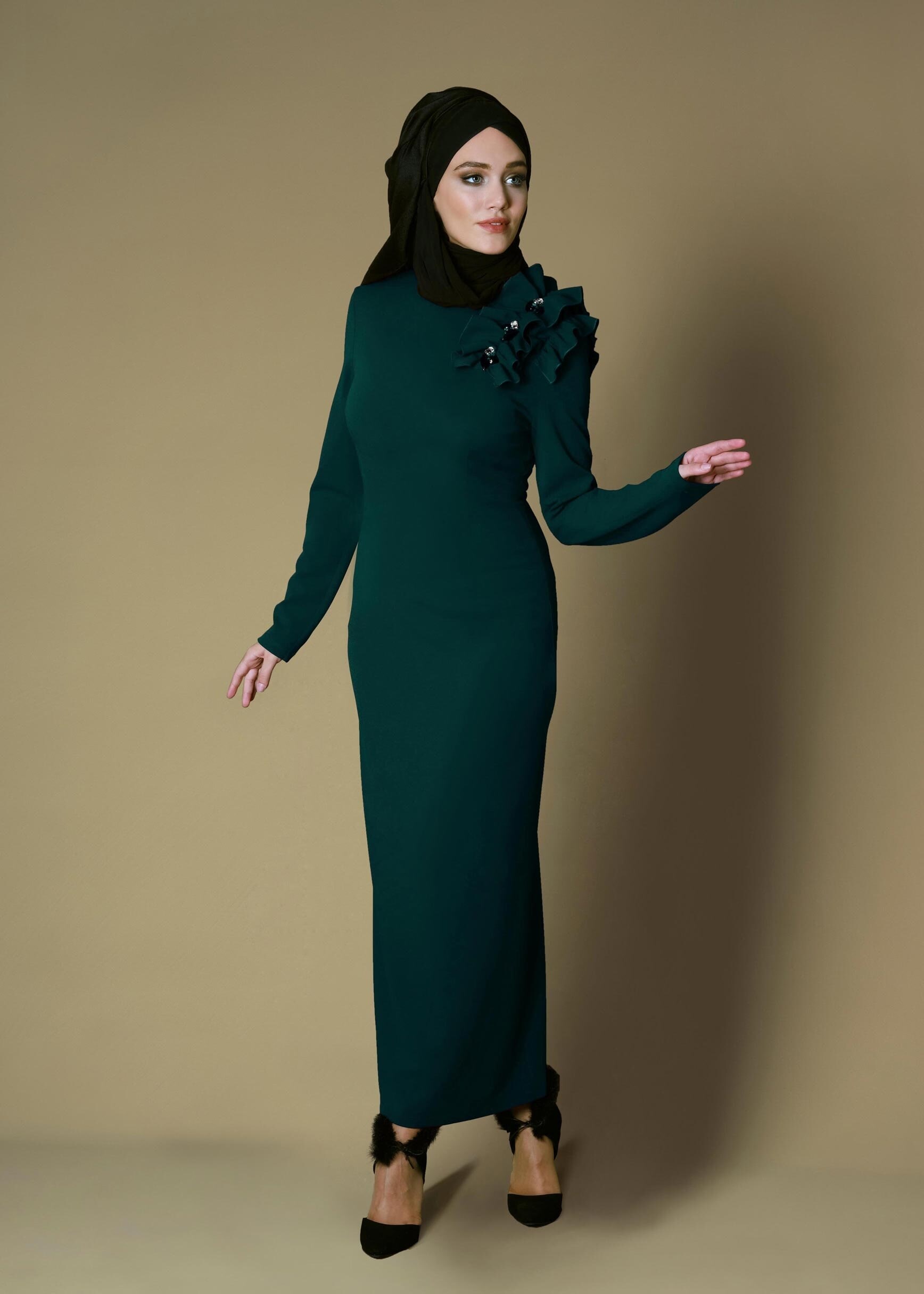 Tesettür giyim MAVİ OMUZ DETAYLI ELBİSE 4713