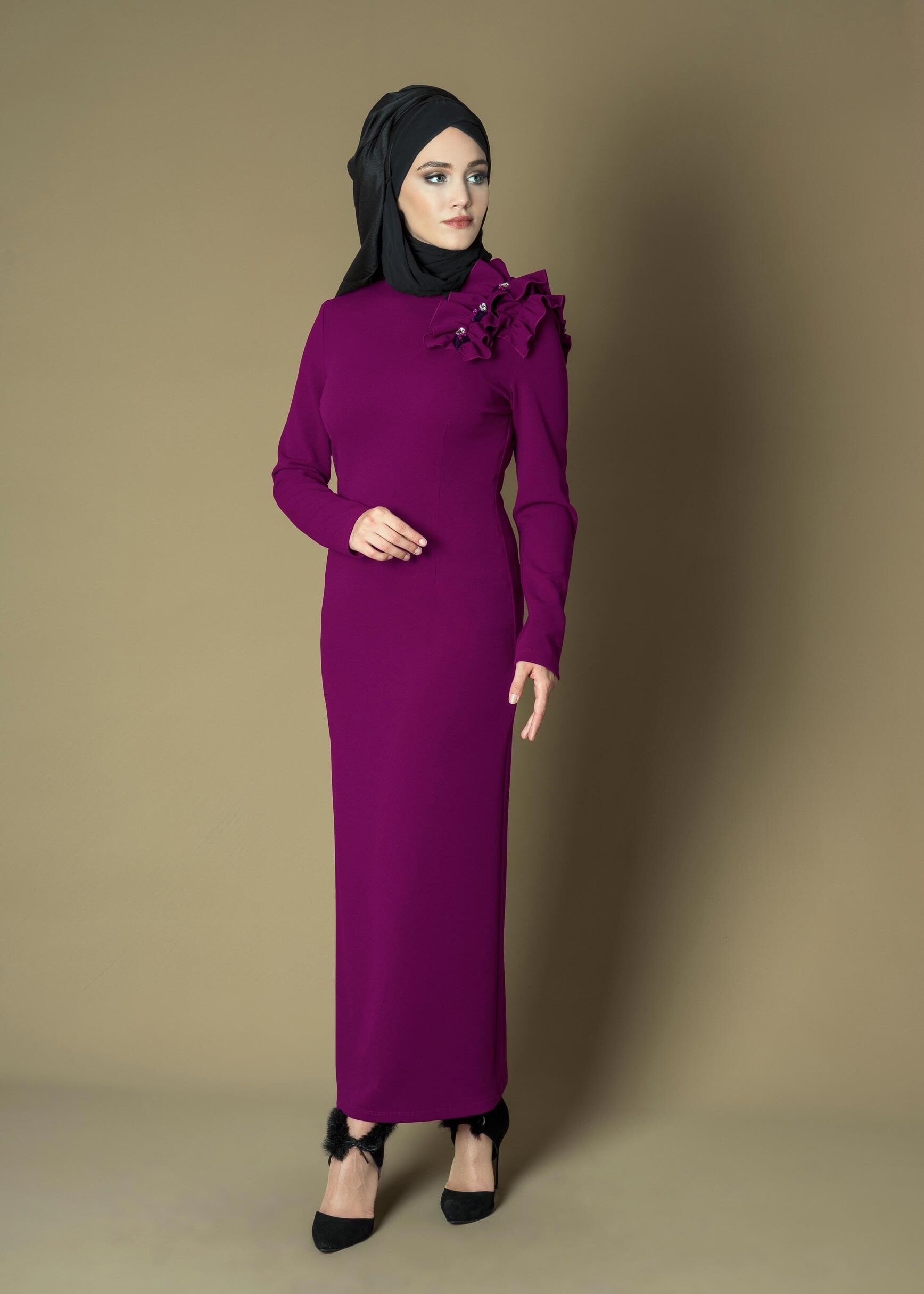 Tesettür giyim MOR OMUZ DETAYLI ELBİSE 4713