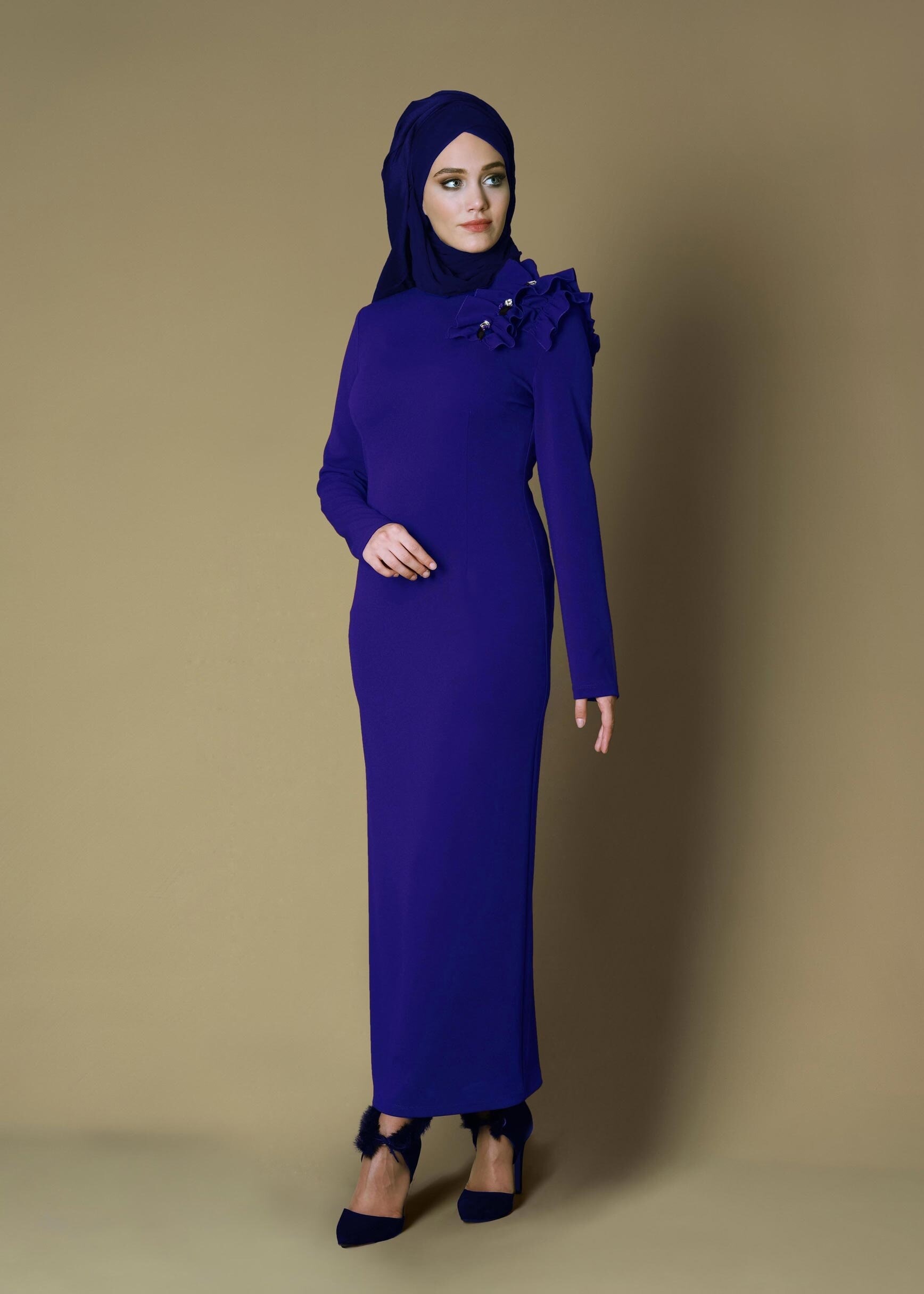Tesettür giyim LACİVERT OMUZ DETAYLI ELBİSE 4713