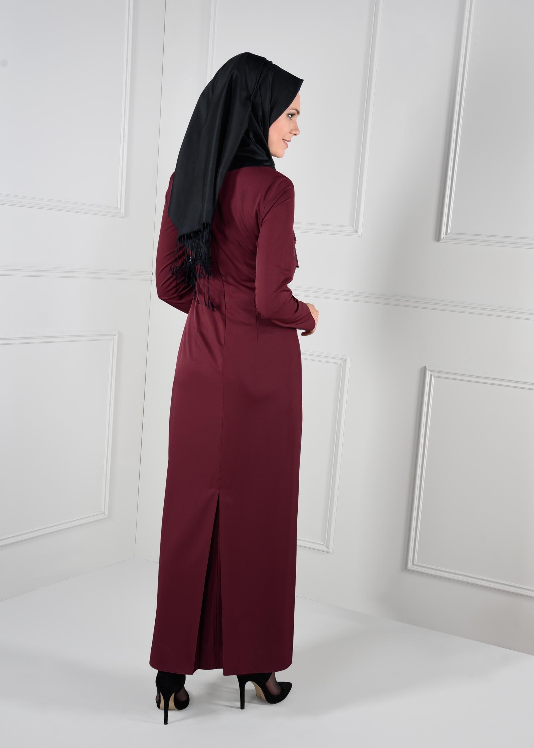 Tesettür giyim BORDO TAŞ BASKILI ELBİSE 4733