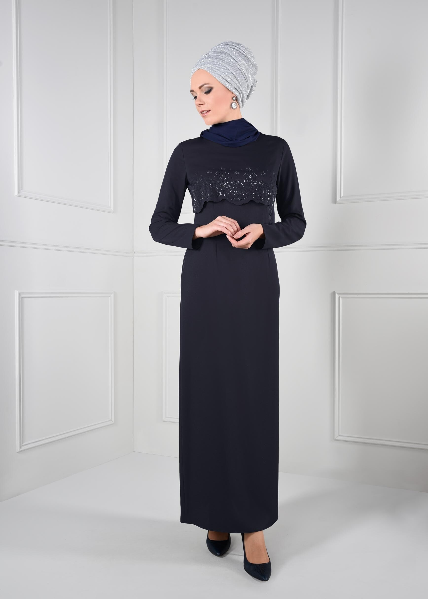 Tesettür giyim LACİVERT TAŞ BASKILI ELBİSE 4733