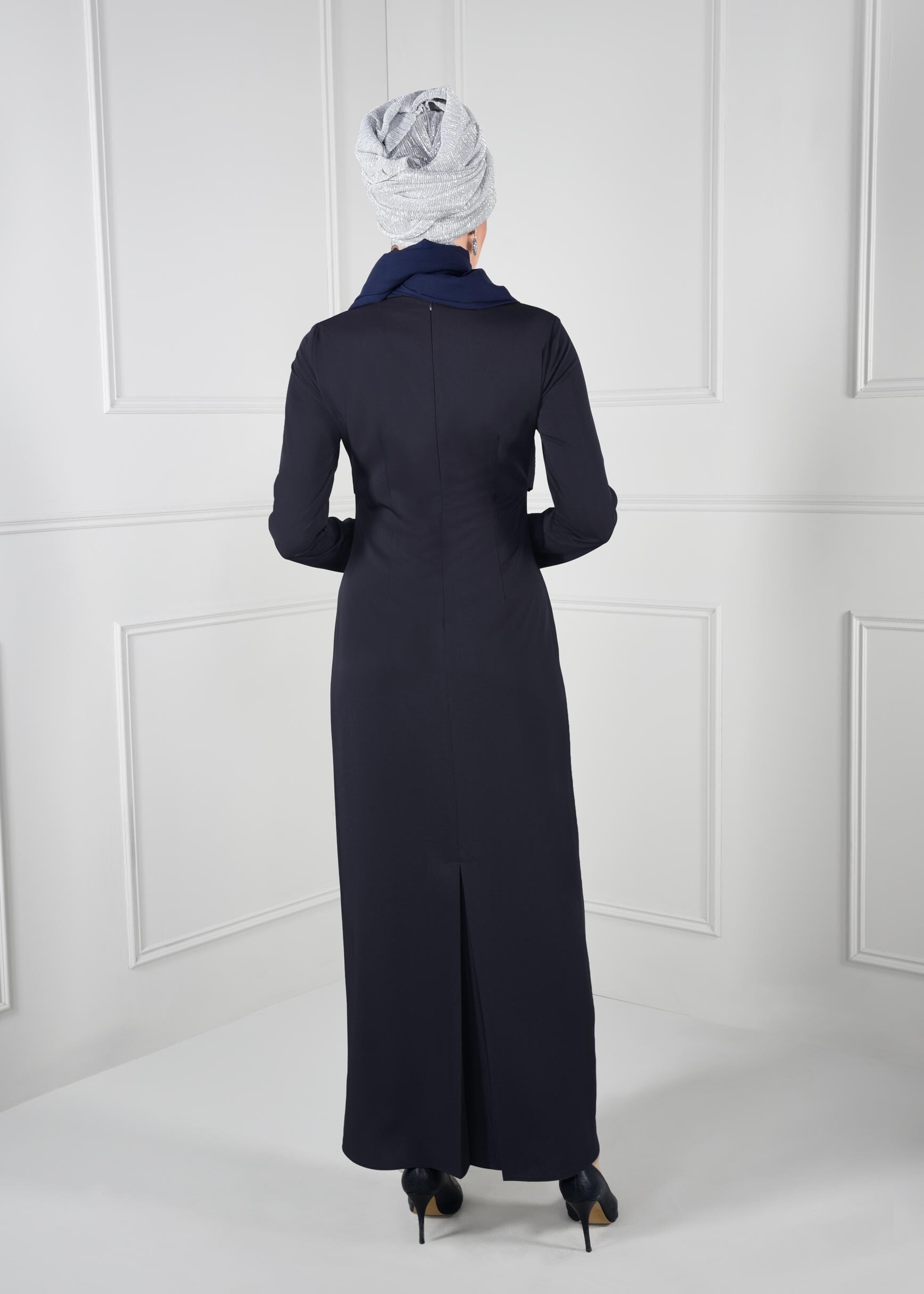 Tesettür giyim LACİVERT TAŞ BASKILI ELBİSE 4733