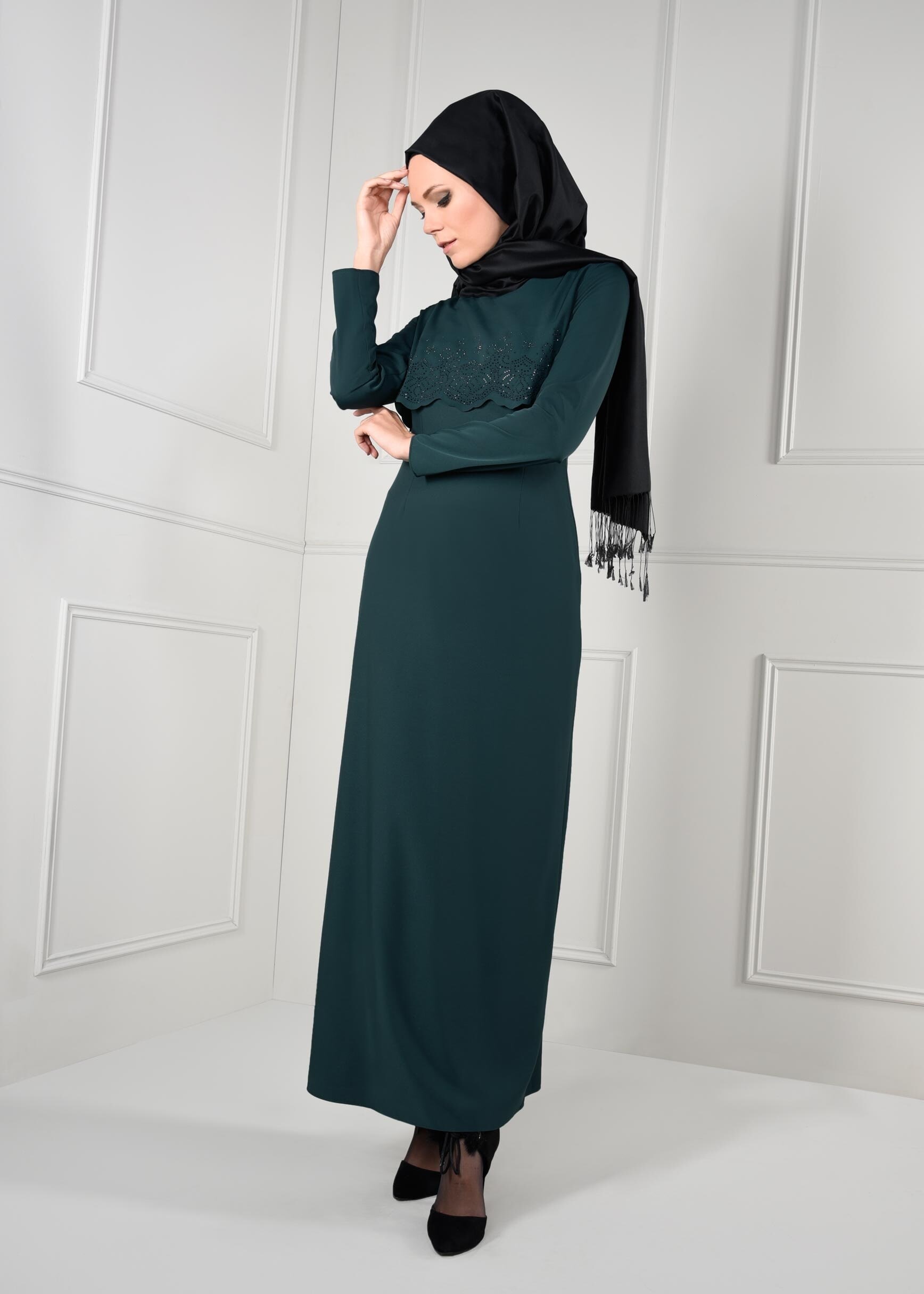 Tesettür giyim YEŞİL TAŞ BASKILI ELBİSE 4733