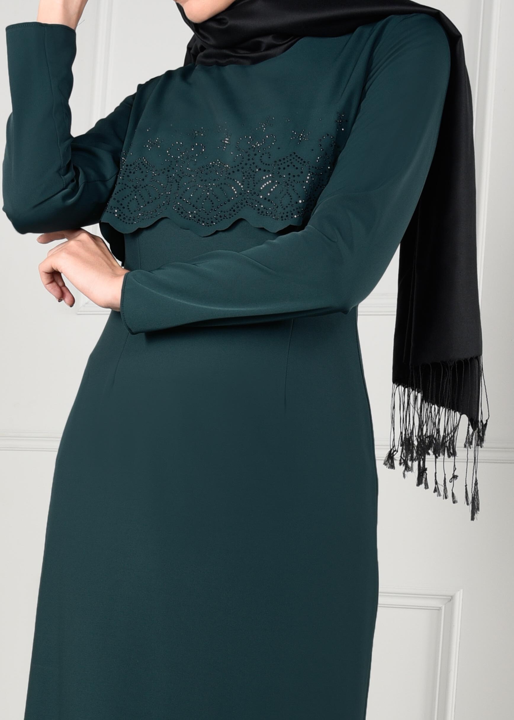 Tesettür giyim YEŞİL TAŞ BASKILI ELBİSE 4733