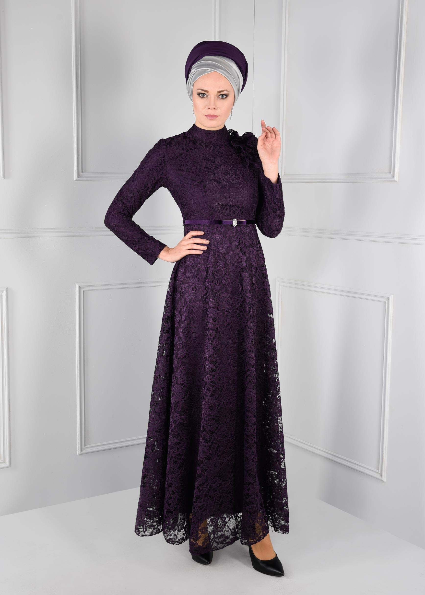 Tesettür giyim MOR DANTEL ELBİSE 4769