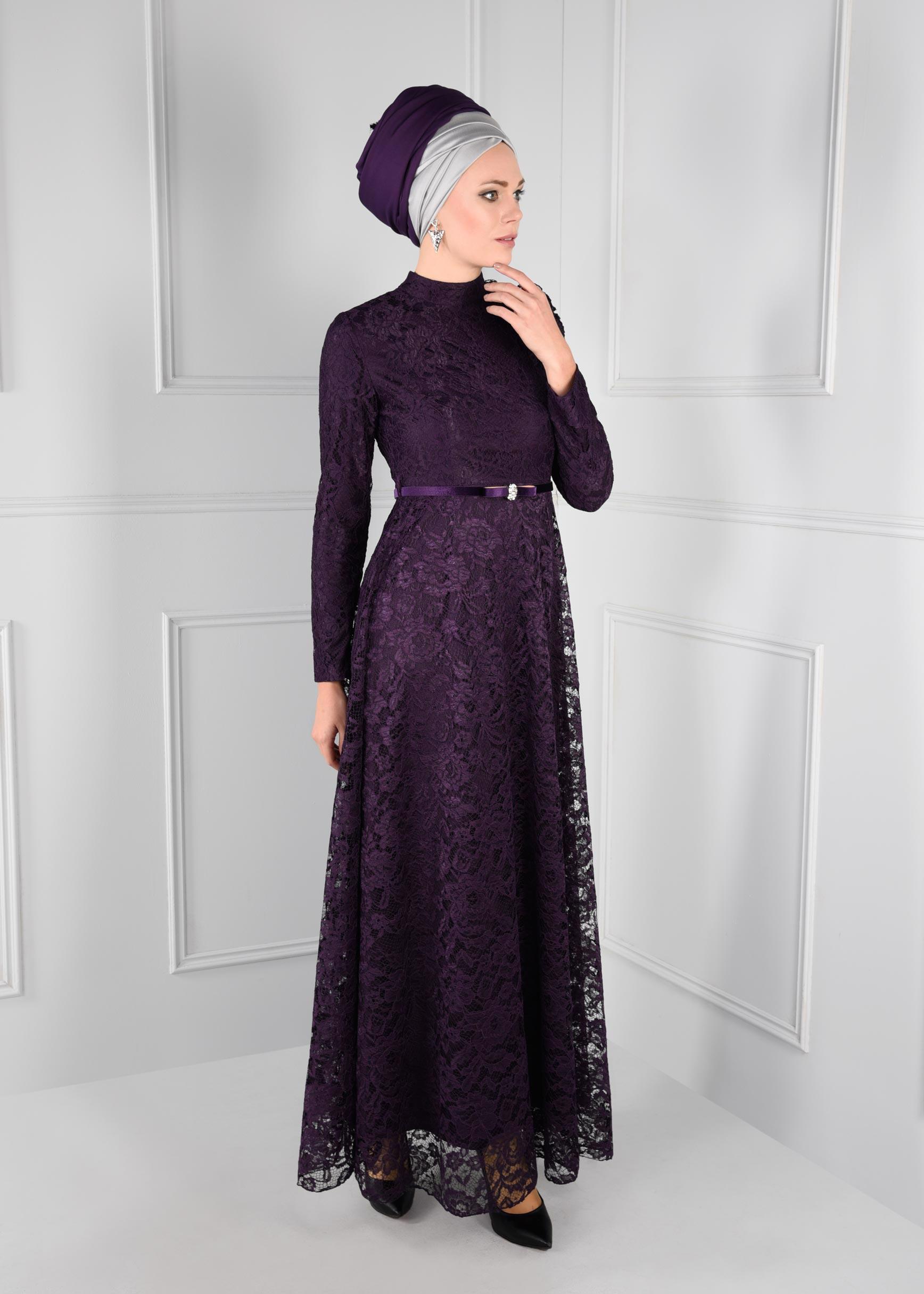 Tesettür giyim MOR DANTEL ELBİSE 4769