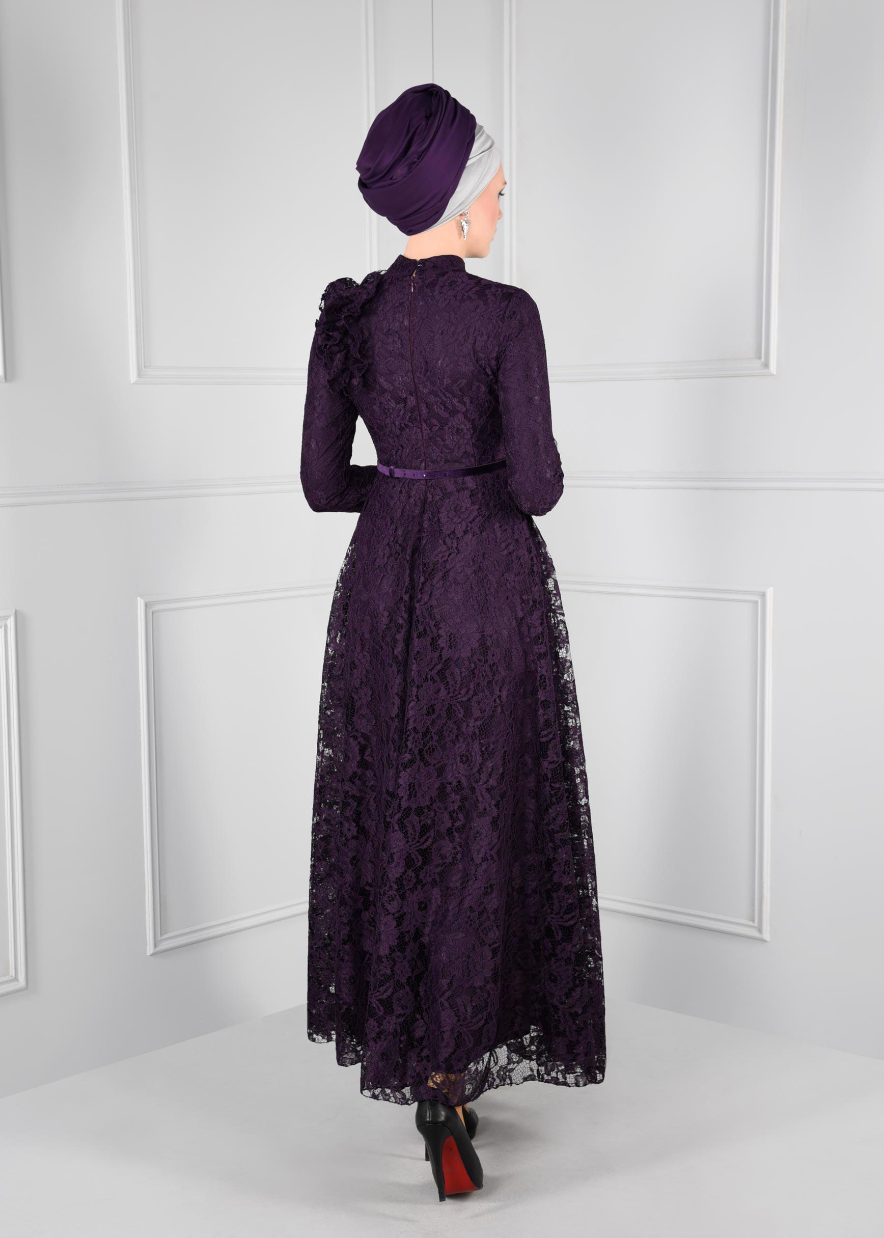 Tesettür giyim MOR DANTEL ELBİSE 4769