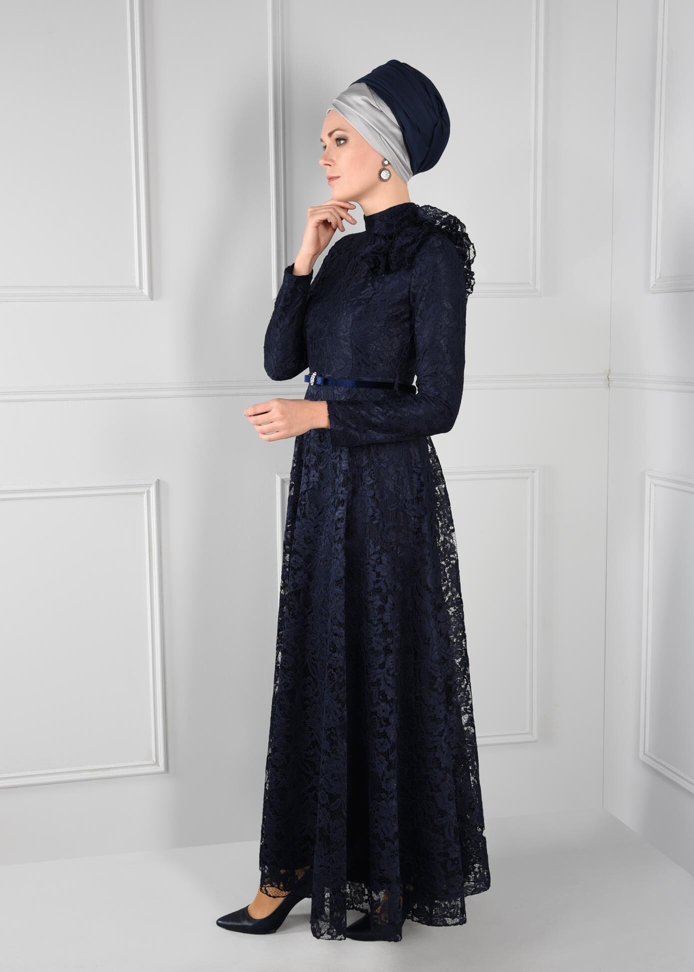 Tesettür giyim LACİVERT DANTEL ELBİSE 4769