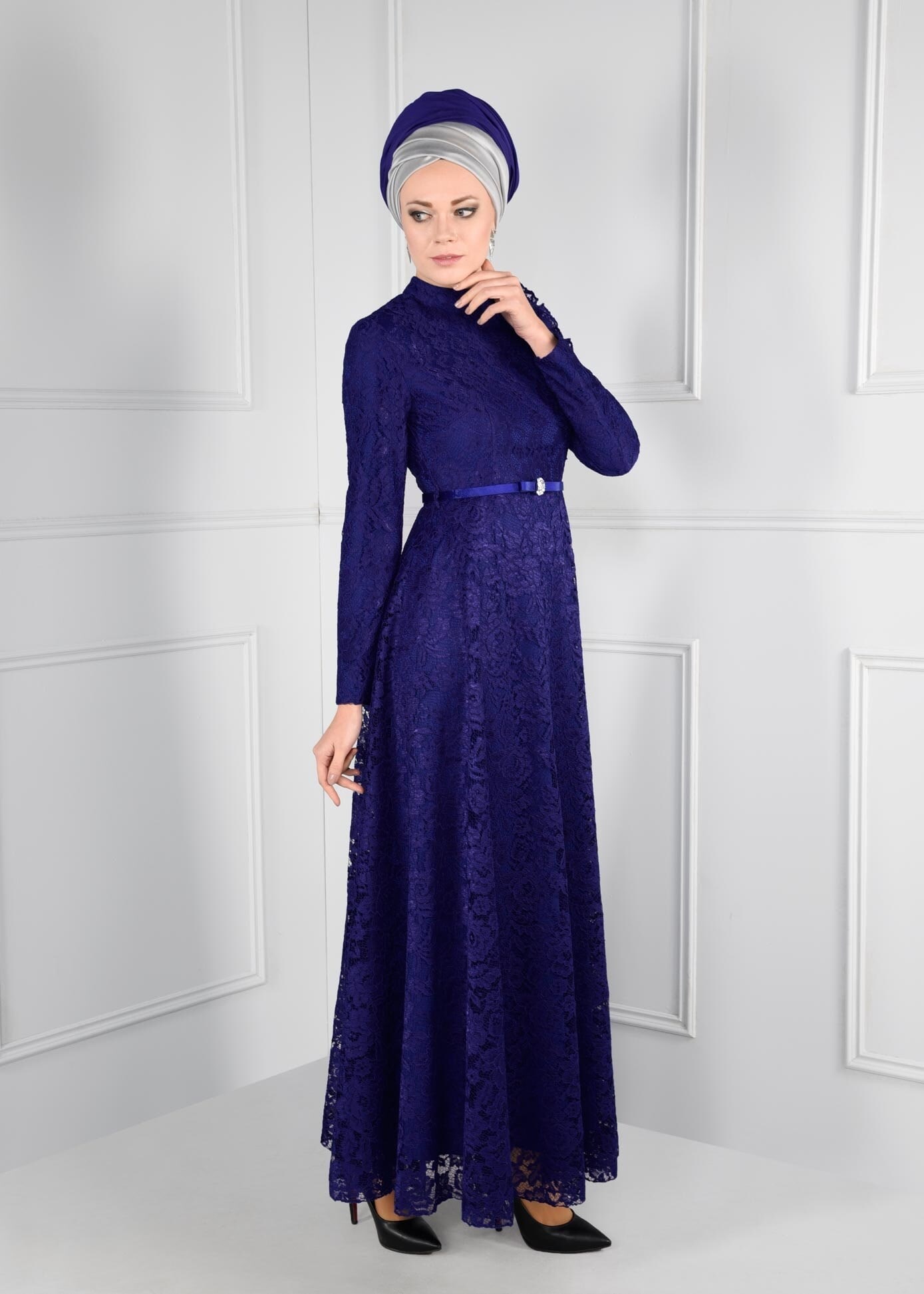 Tesettür giyim LACİVERT DANTEL ELBİSE 4769