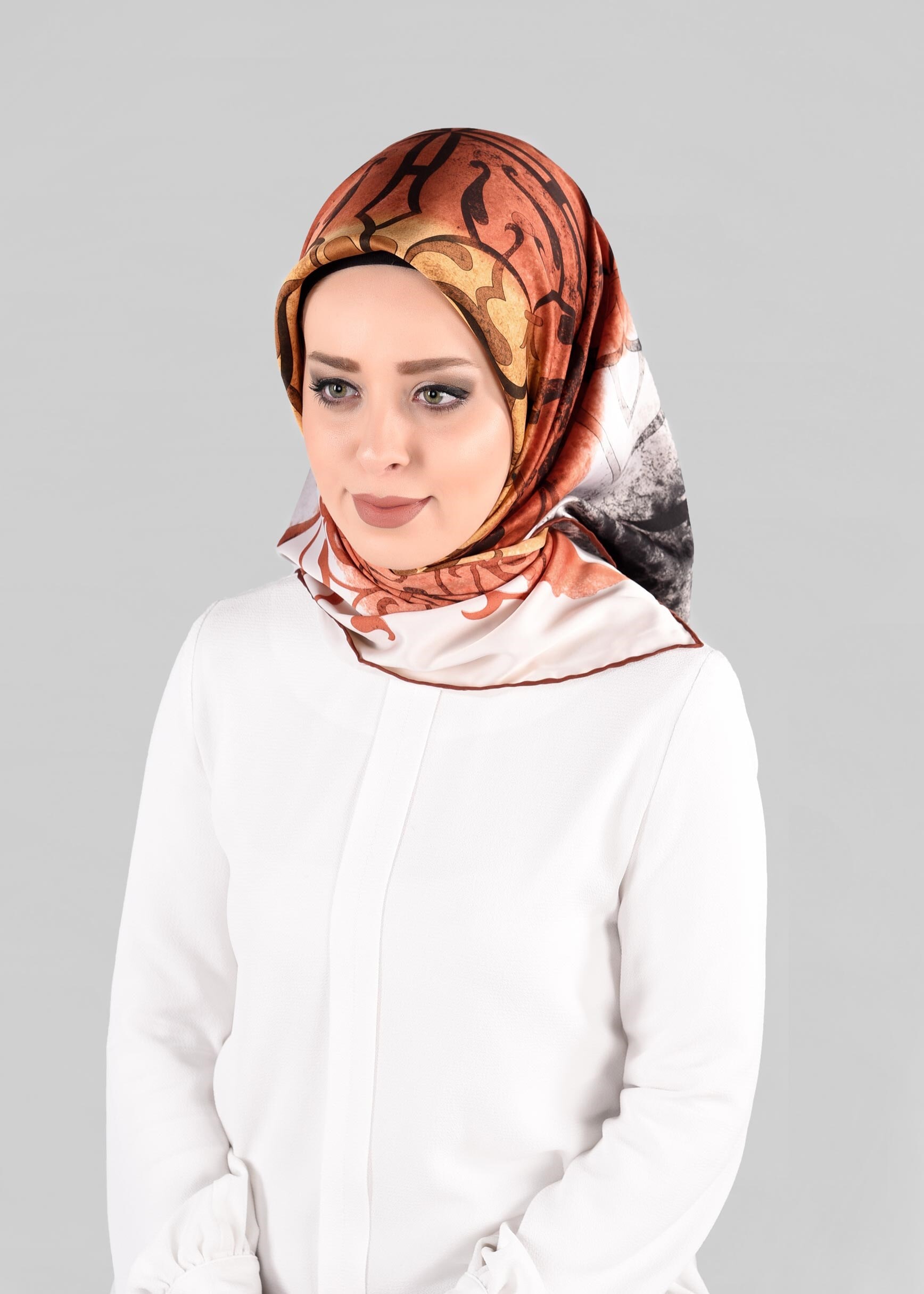 Tesettür giyim TURUNCU 10064-1  ALVİNA DESENLİ EŞARP