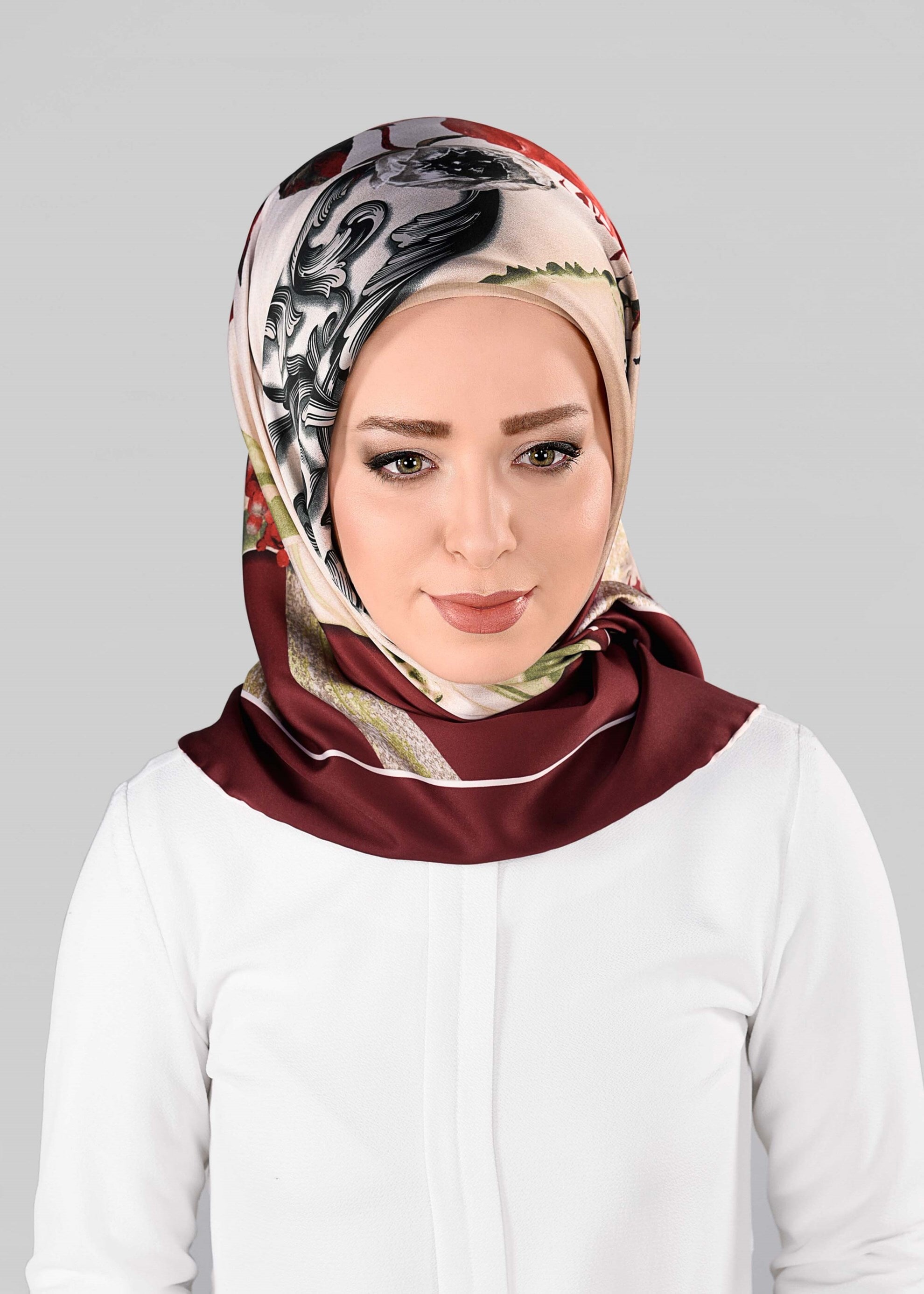 Tesettür giyim BORDO 12995-1 ALVİNA DESENLİ EŞARP