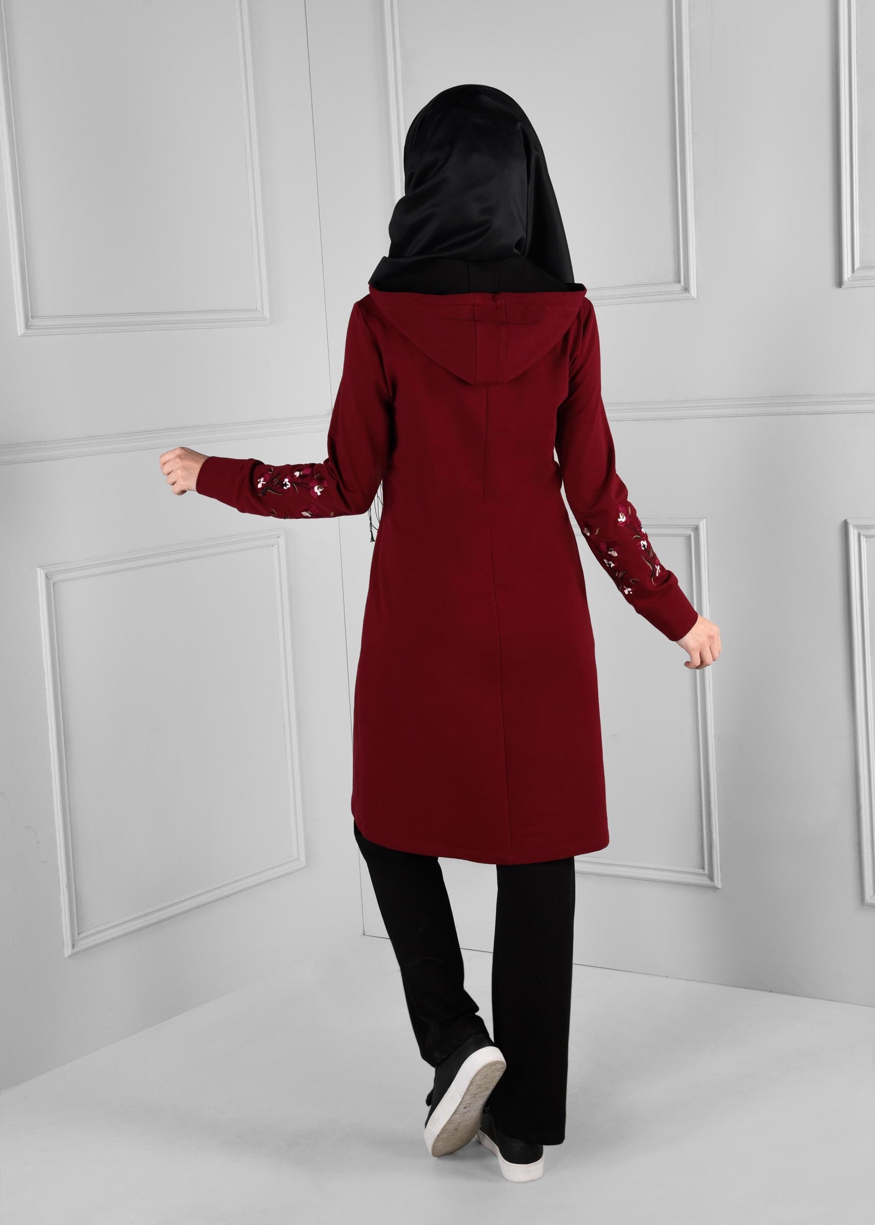 Tesettür giyim BORDO KOLLARI NAKIŞLI CEPLİ 2Lİ PANTOLON EŞOFMAN TAKIM 4607