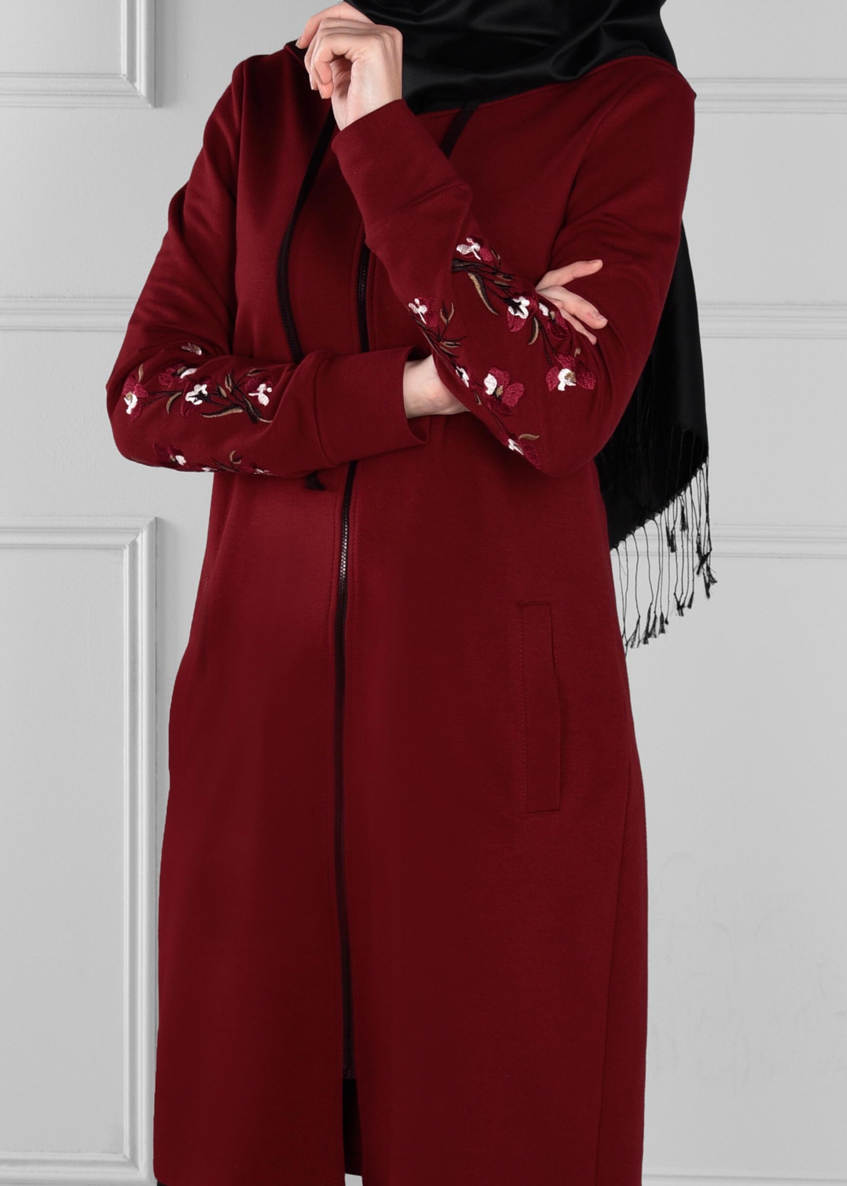 Tesettür giyim BORDO KOLLARI NAKIŞLI CEPLİ 2Lİ PANTOLON EŞOFMAN TAKIM 4607
