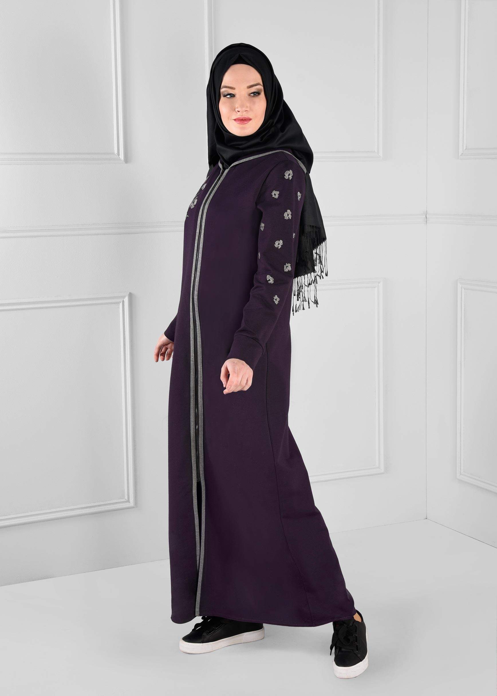 Tesettür giyim MOR NAKIŞ DETAYLI FERMUARLI EŞOFMAN TUNİK 4654