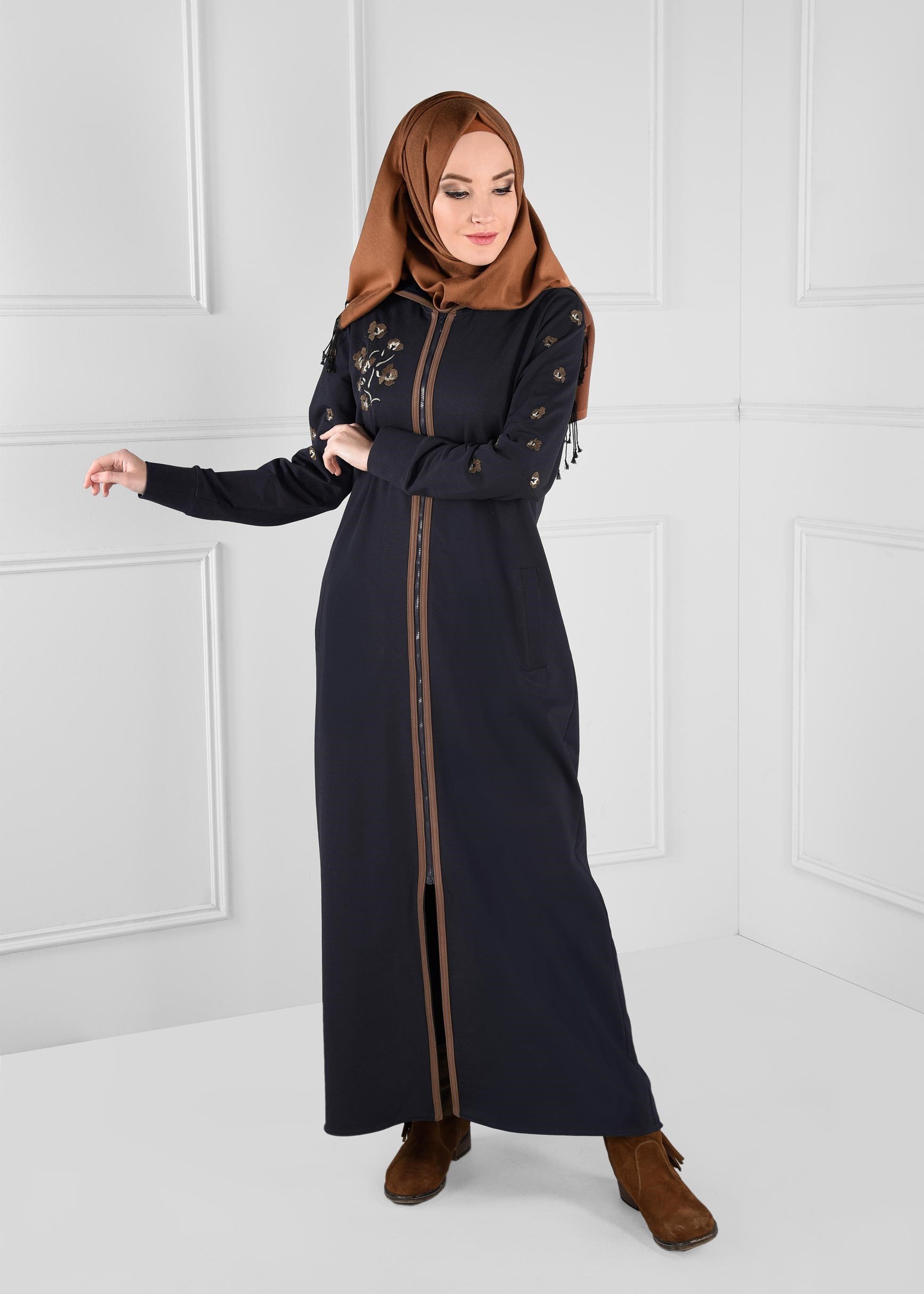 Hijab clothing NAVY BLUE EMBROIDERED ZIPPED TUNIC 4654 