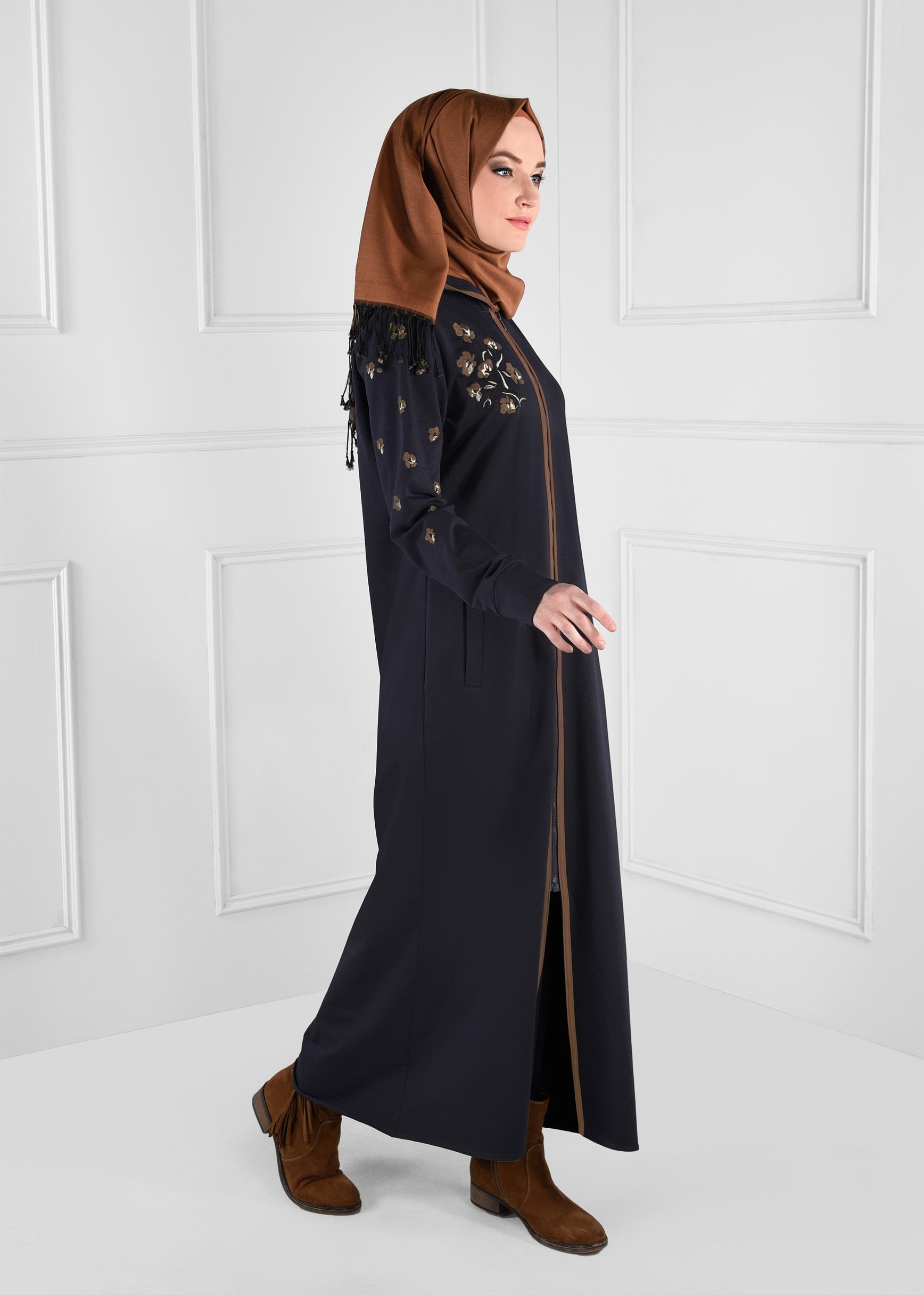 Hijab clothing NAVY BLUE EMBROIDERED ZIPPED TUNIC 4654 