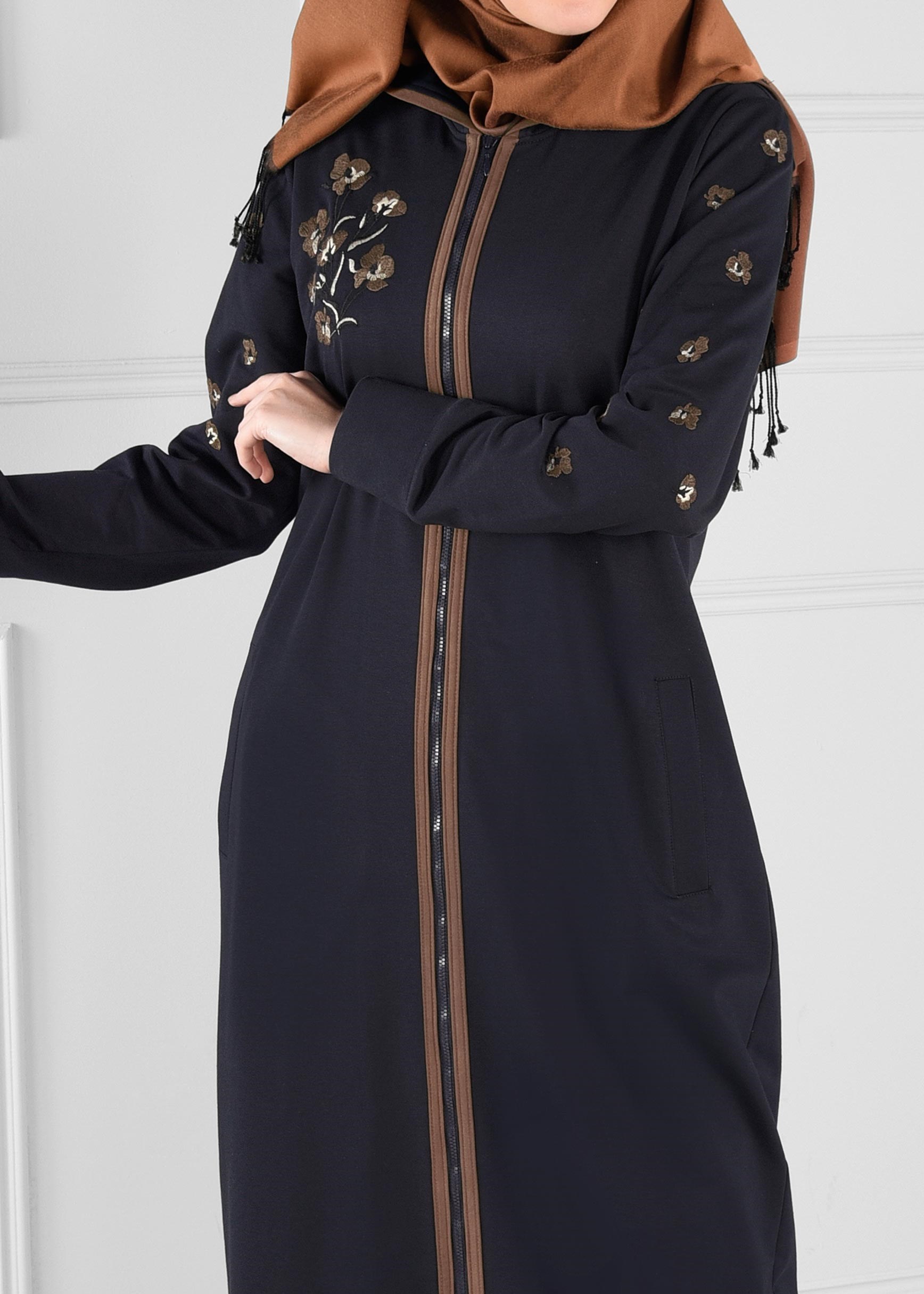 Hijab clothing NAVY BLUE EMBROIDERED ZIPPED TUNIC 4654 