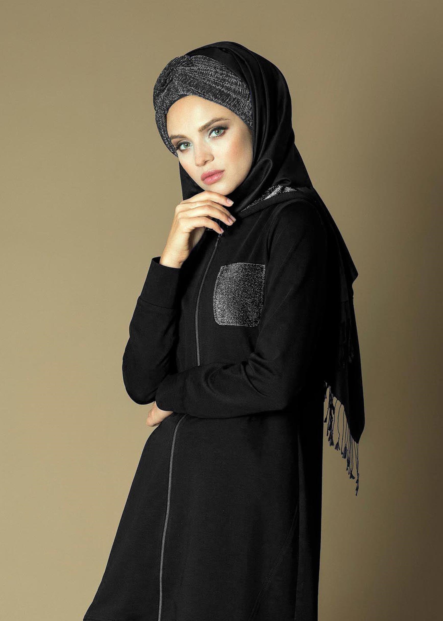 Tesettür giyim SİYAH ETEK UCU OVAL KESİM SİM DETAYLI 2Lİ EŞOFMAN TAKIM 4656