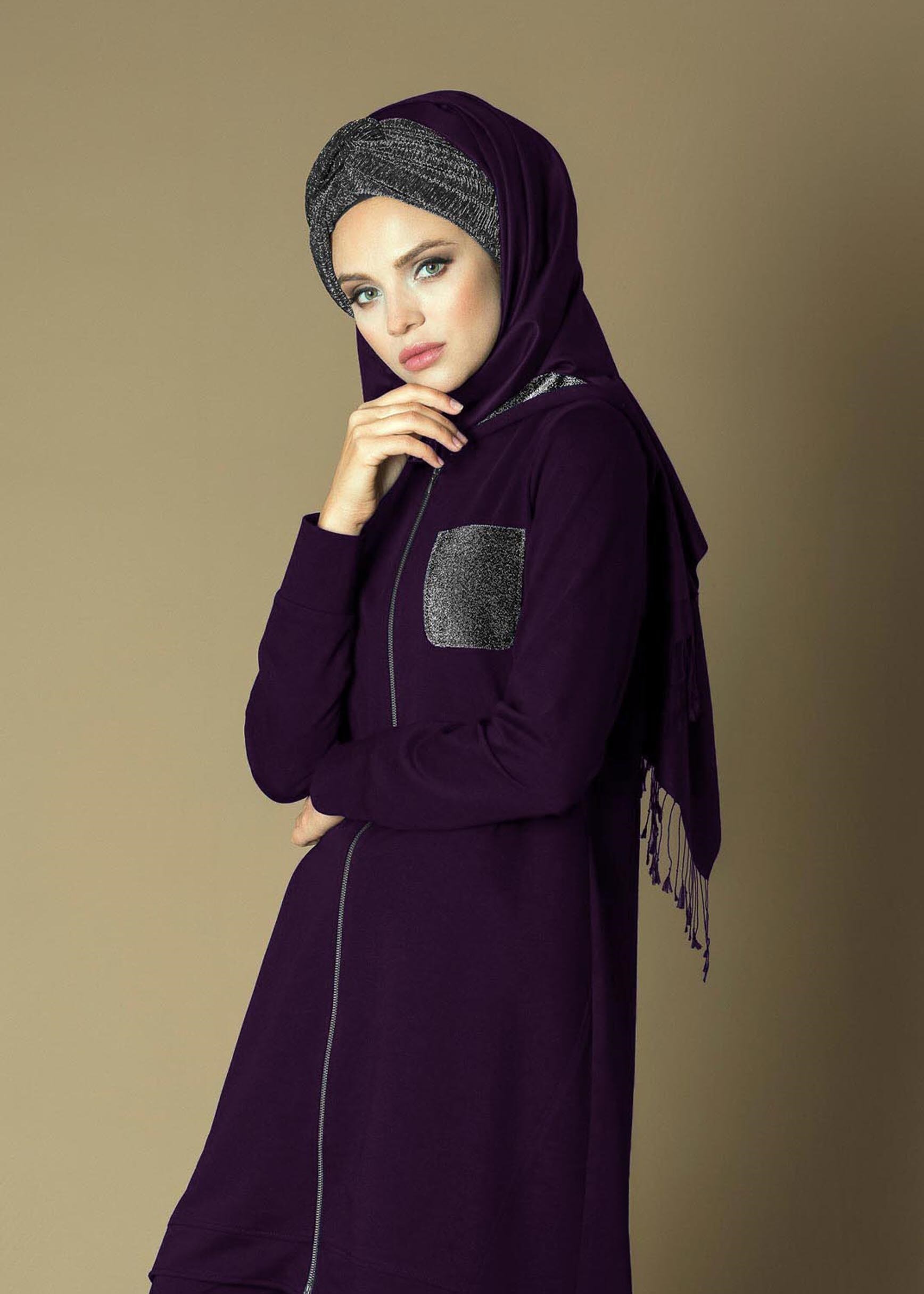Tesettür giyim MOR ETEK UCU OVAL KESİM SİM DETAYLI 2Lİ EŞOFMAN TAKIM 4656