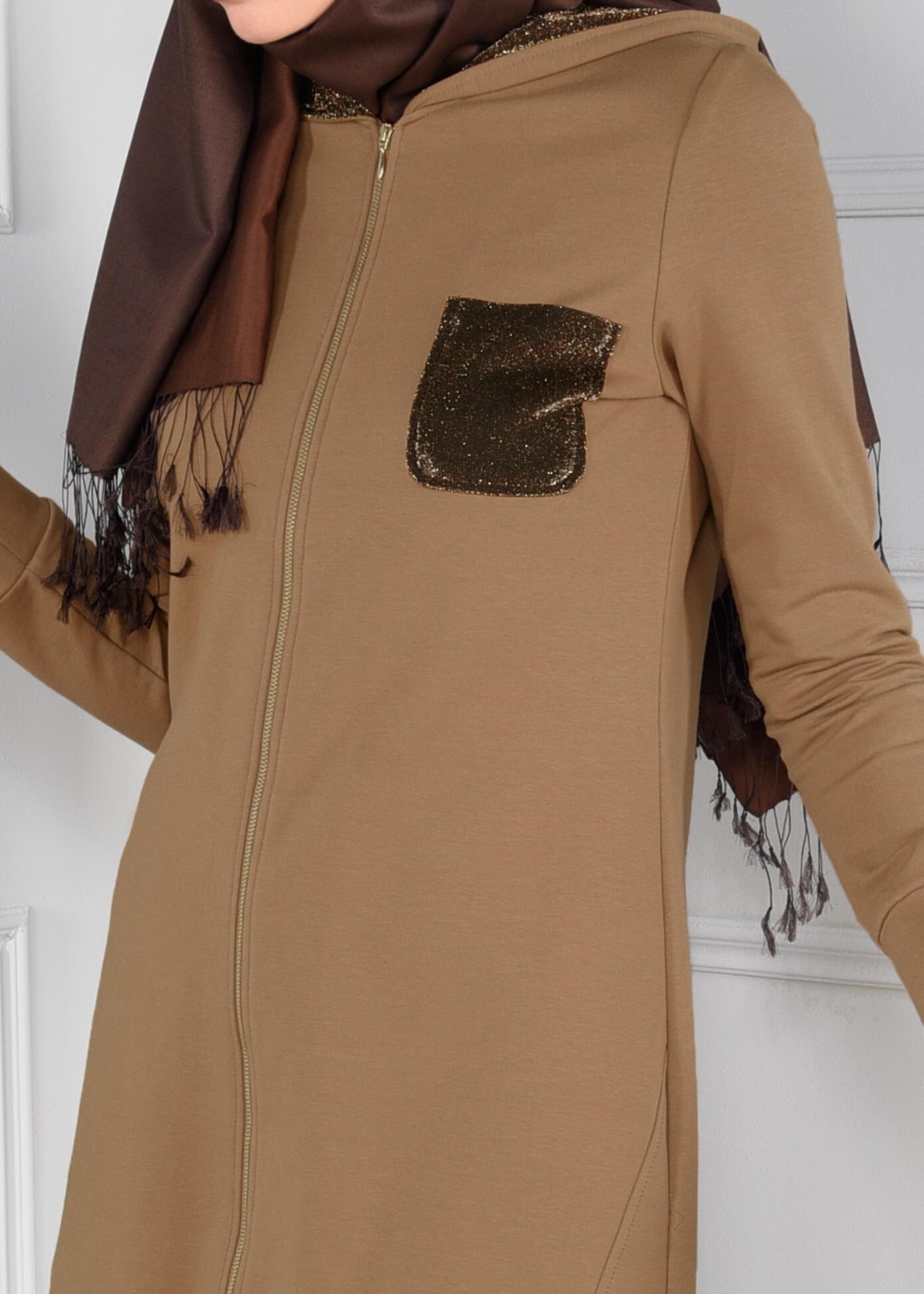 Tesettür giyim KAHVE ETEK UCU OVAL KESİM SİM DETAYLI 2Lİ EŞOFMAN TAKIM 4656